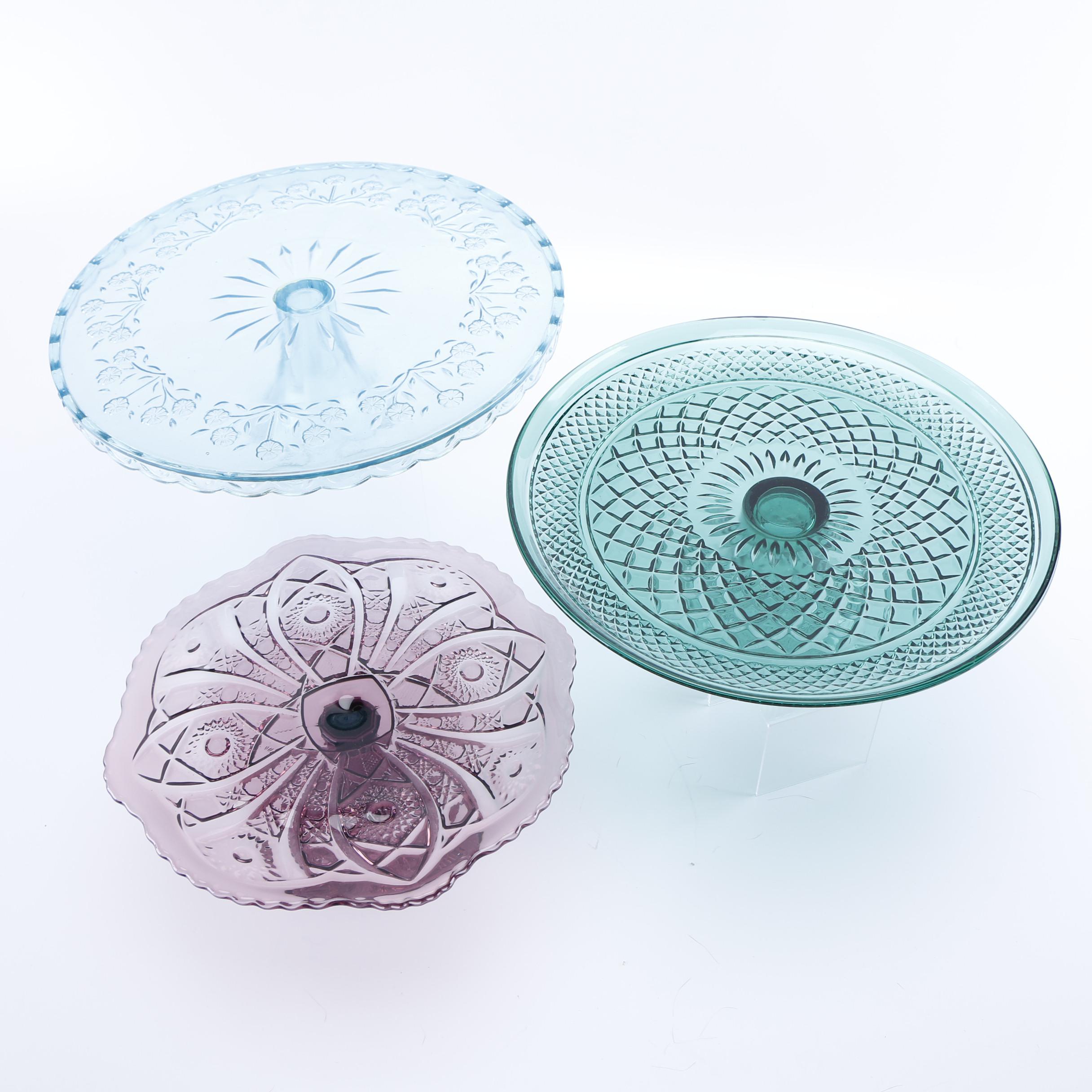 Vintage Pressed Glass Amethyst and Anchor Hocking "Wexford Green" Cake Stands