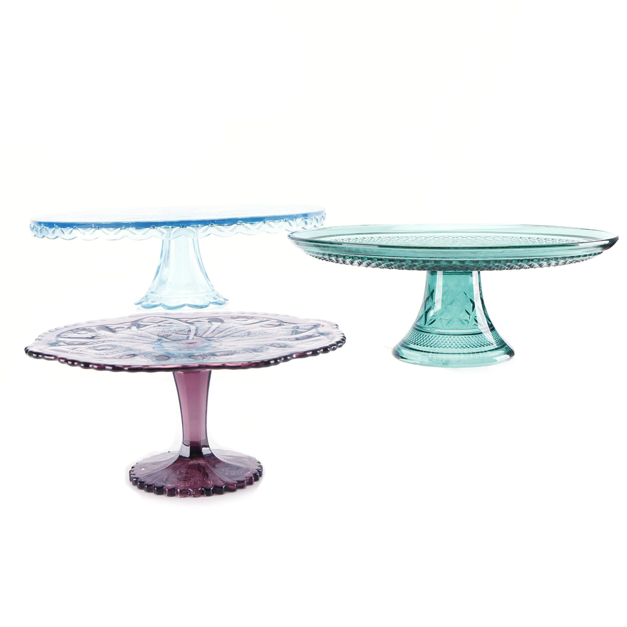 Vintage Pressed Glass Amethyst and Anchor Hocking "Wexford Green" Cake Stands