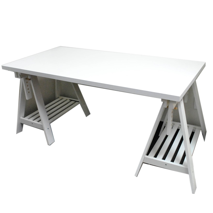 White Painted Drafting Table on Sawhorse Supports