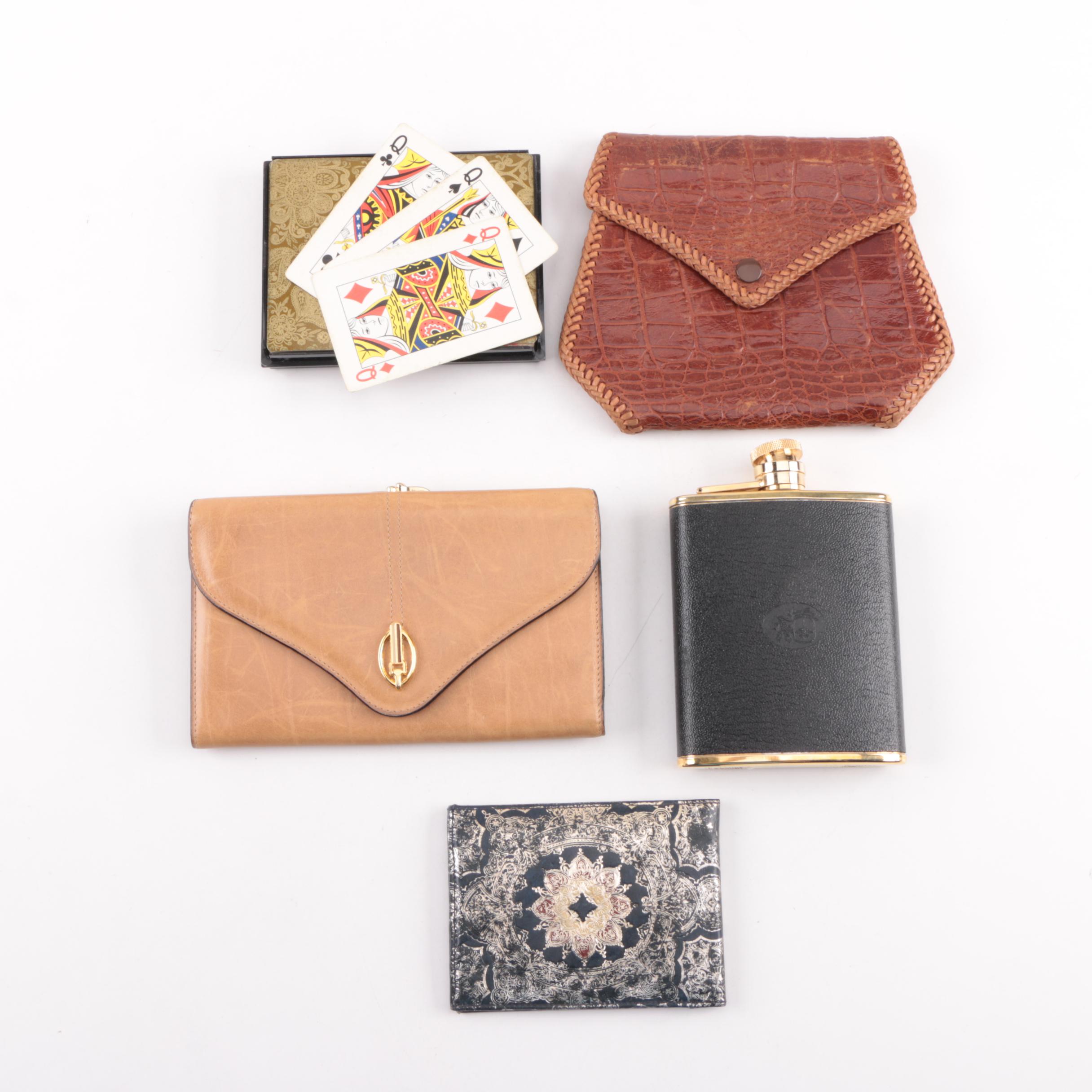 Vintage Accessories, Cards, Flask Including Alligator, Gilded Florentine Leather