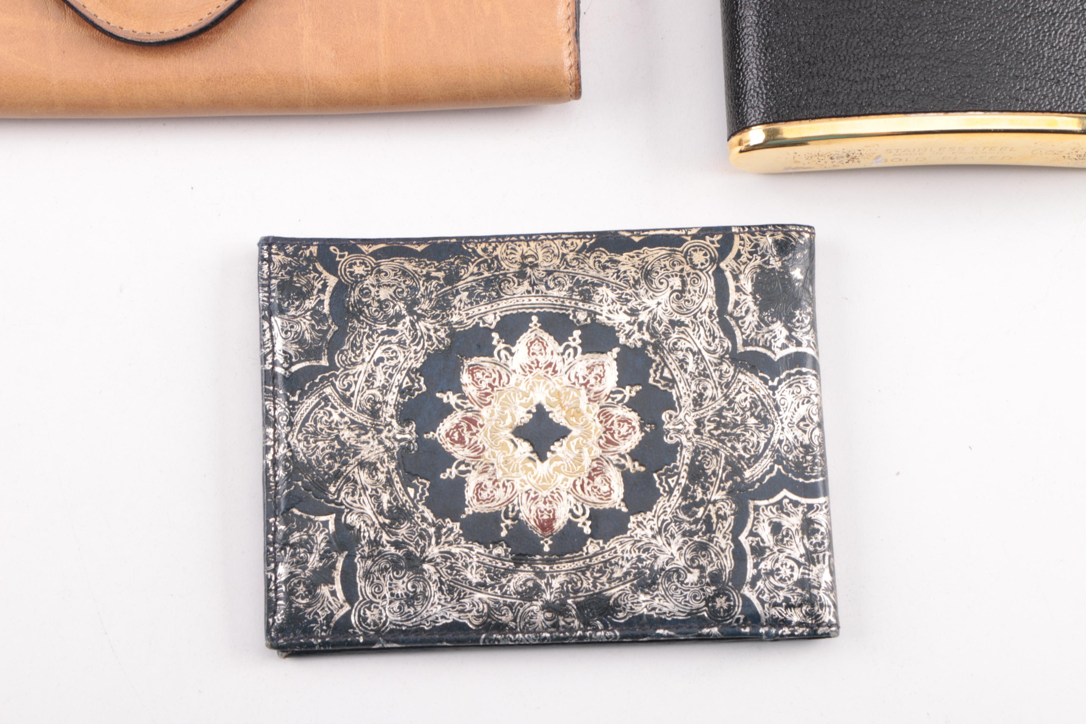 Vintage Accessories, Cards, Flask Including Alligator, Gilded Florentine Leather