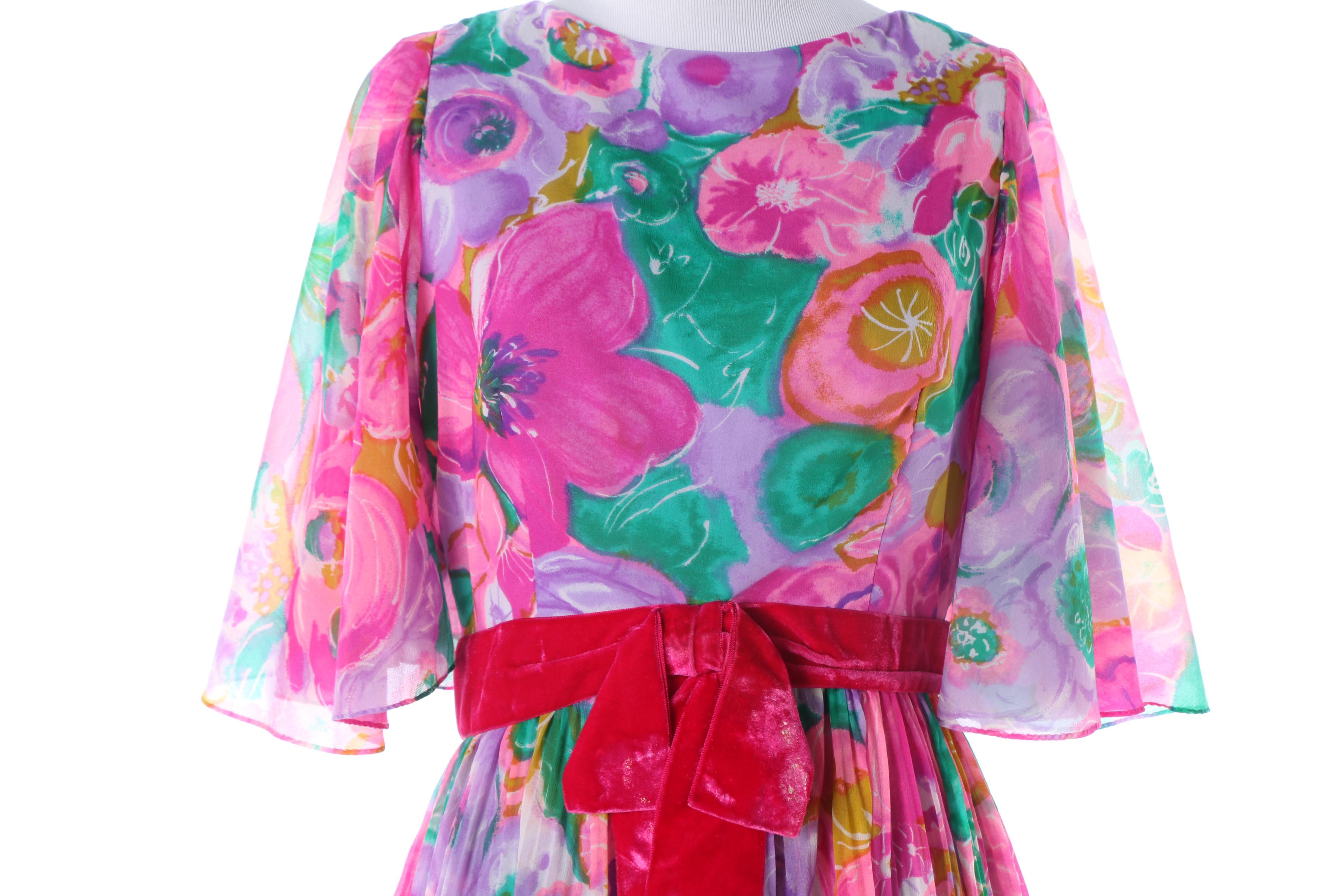 1960s Esther Wolf Floral Sheer Maxi Dress with Velvet Bow