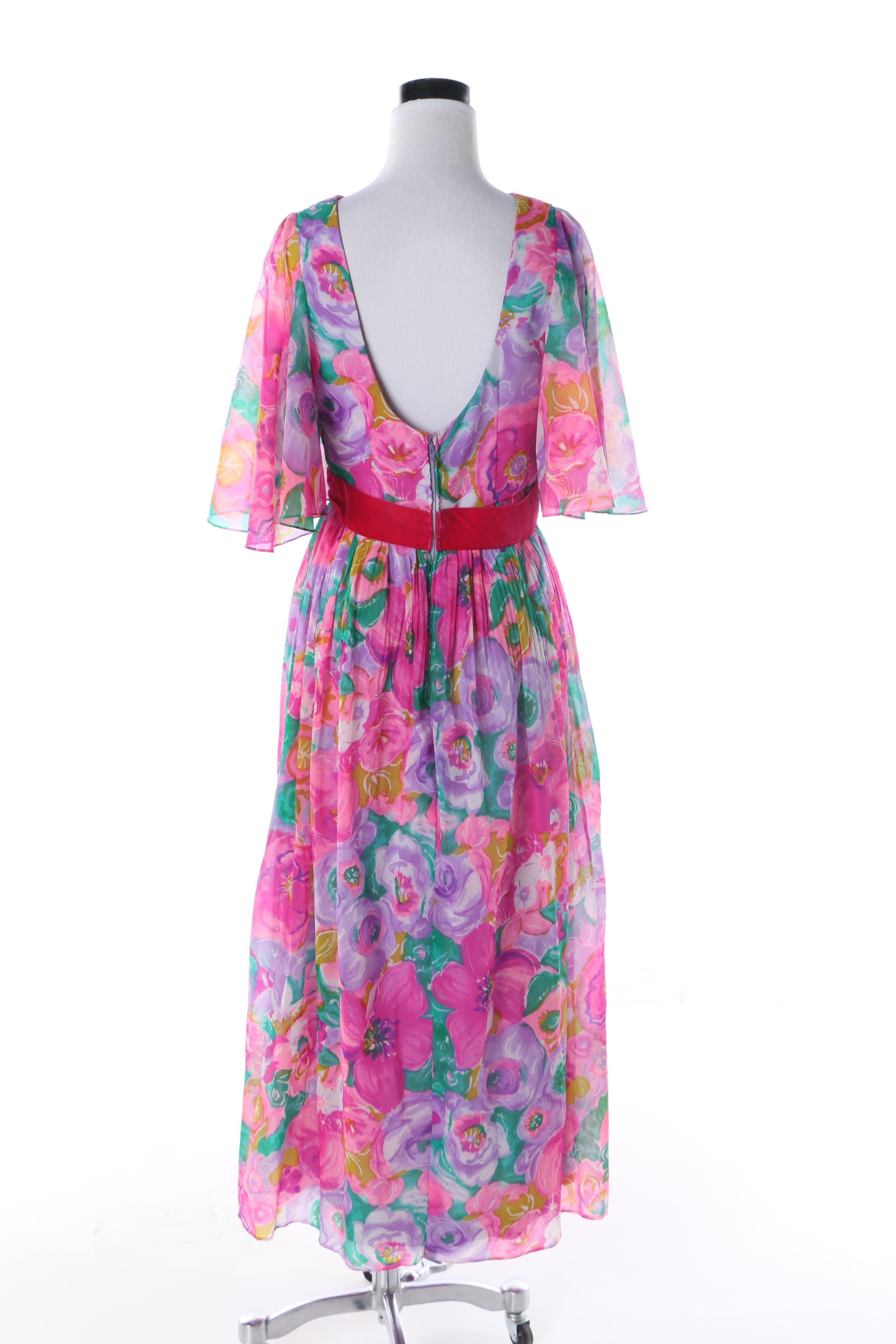 1960s Esther Wolf Floral Sheer Maxi Dress with Velvet Bow