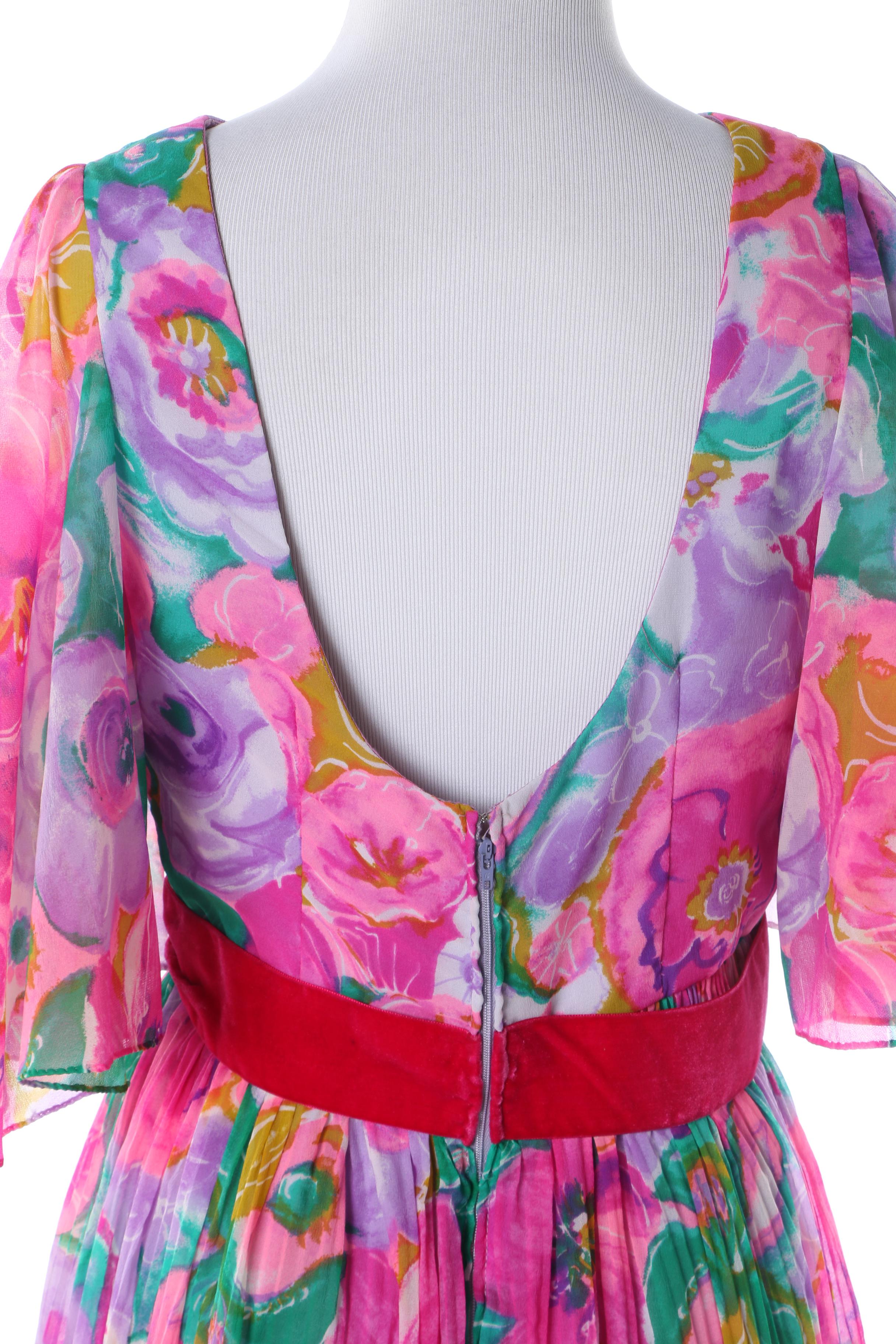 1960s Esther Wolf Floral Sheer Maxi Dress with Velvet Bow