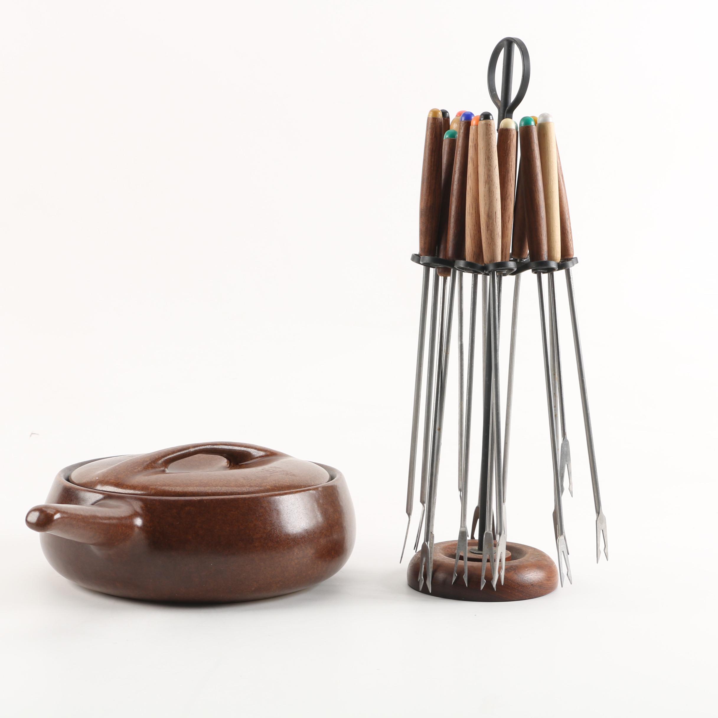 MidCentury Roseville "Raymor" Casserole with Fondue Forks and Stand EBTH