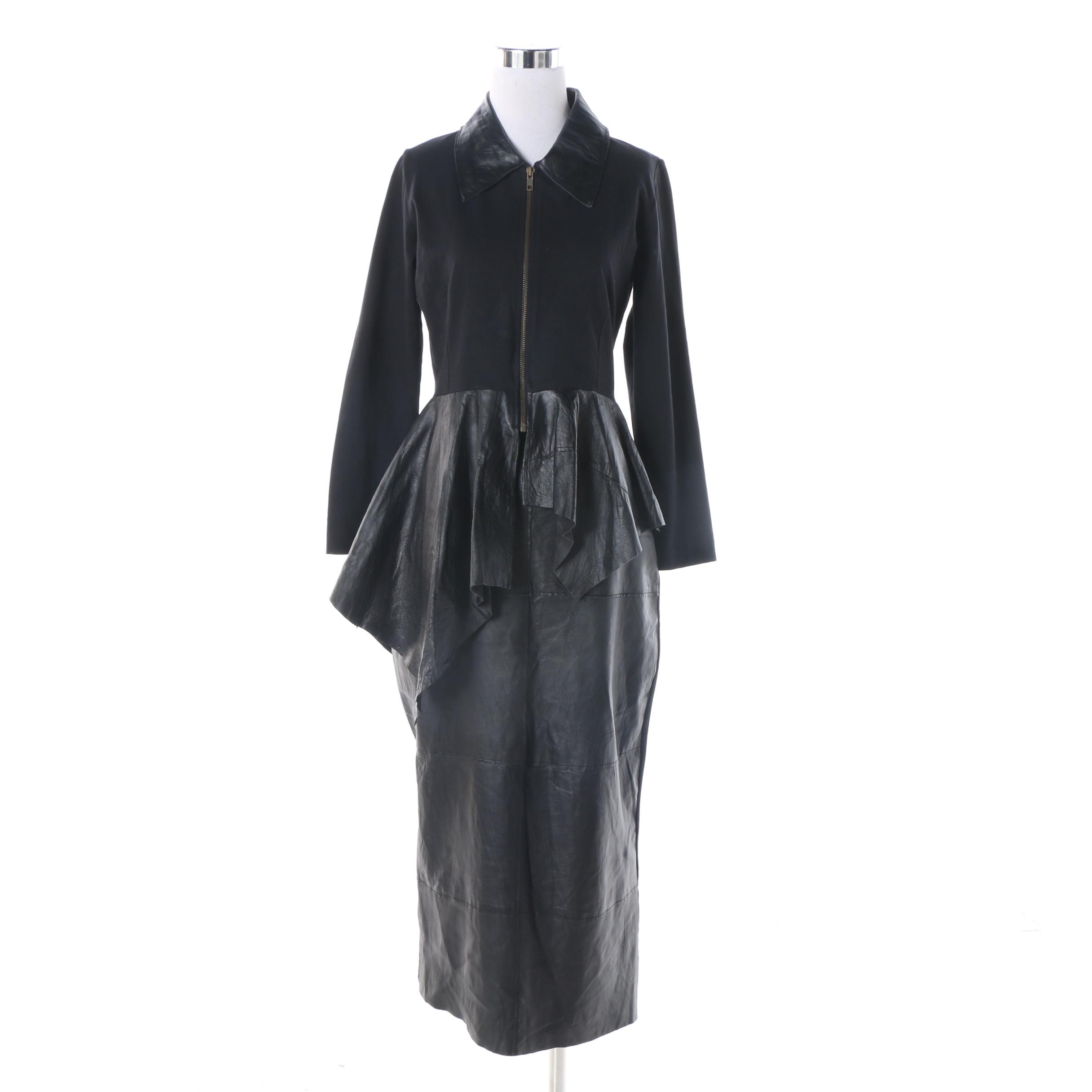Women's Vintage Ivan Grundahl Black Knit and Leather Skirt Suit