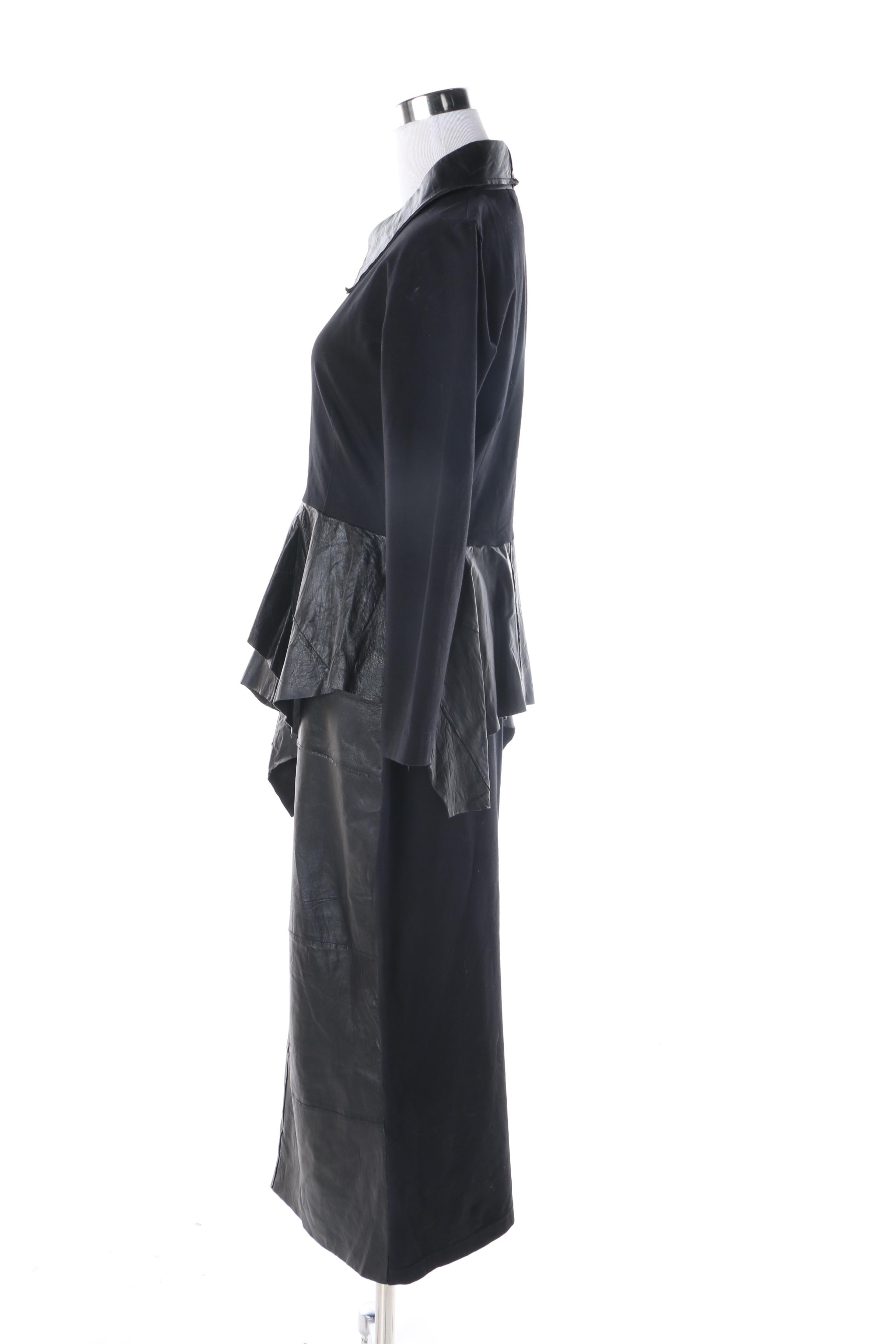 Women's Vintage Ivan Grundahl Black Knit and Leather Skirt Suit