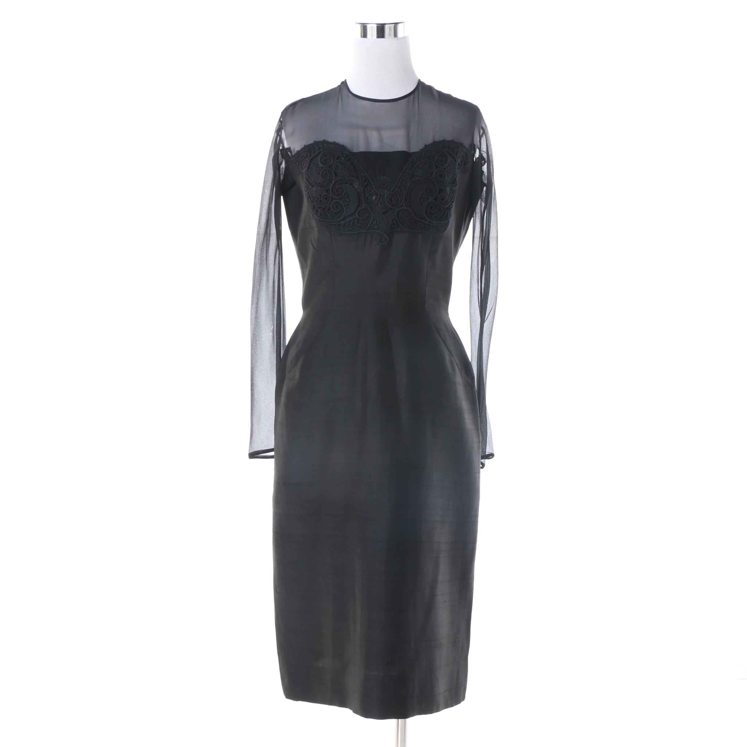Women's 1950s Vintage A Highlight Fashion Black Dupioni Silk Cocktail Dress