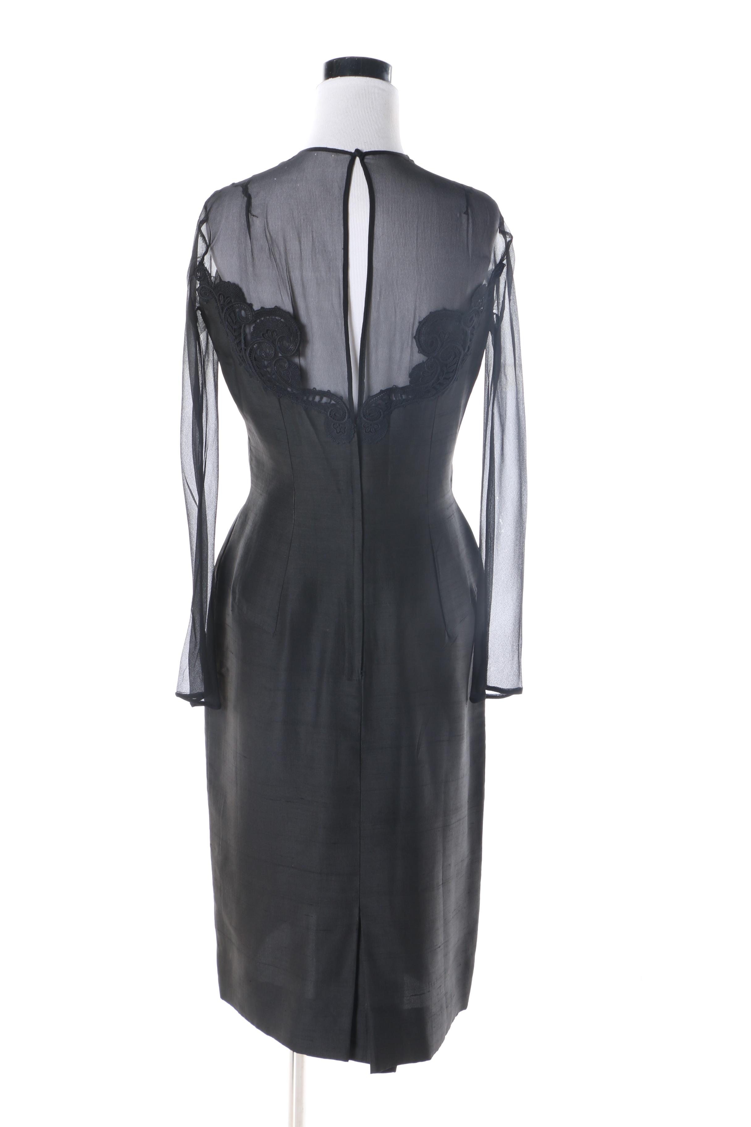 Women's 1950s Vintage A Highlight Fashion Black Dupioni Silk Cocktail Dress
