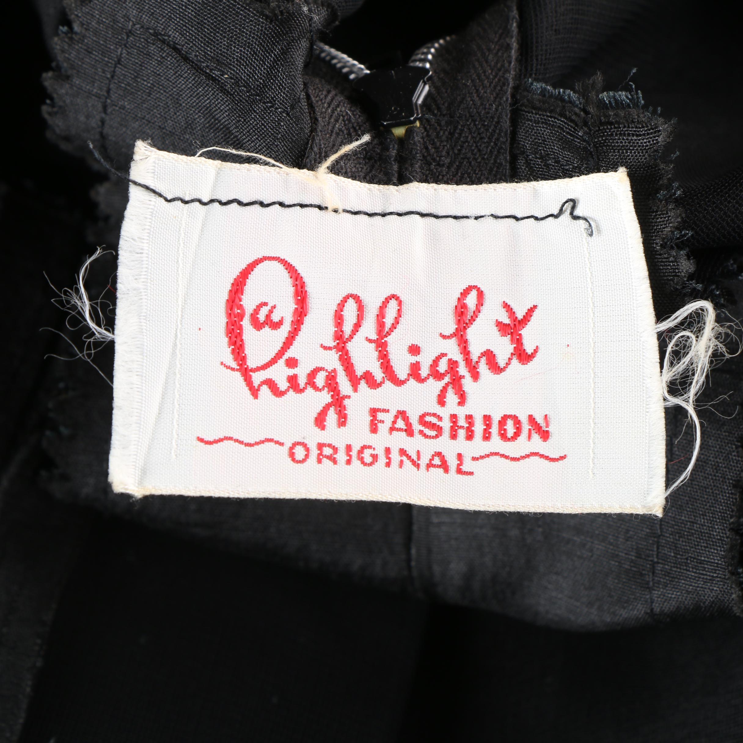 Women's 1950s Vintage A Highlight Fashion Black Dupioni Silk Cocktail Dress