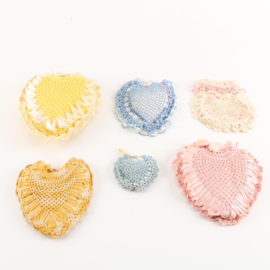 Vintage Hand-Crocheted Heart Sachet Pillows
