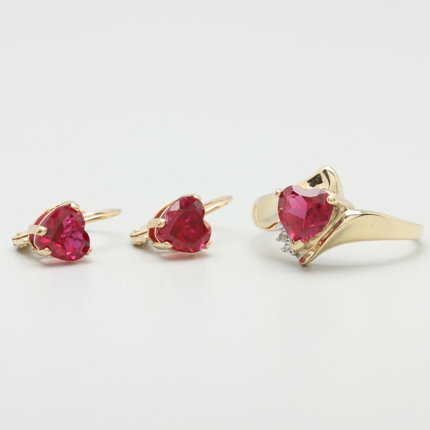 10K Yellow Gold Synthetic Ruby and Diamond Ring and Earring Selection