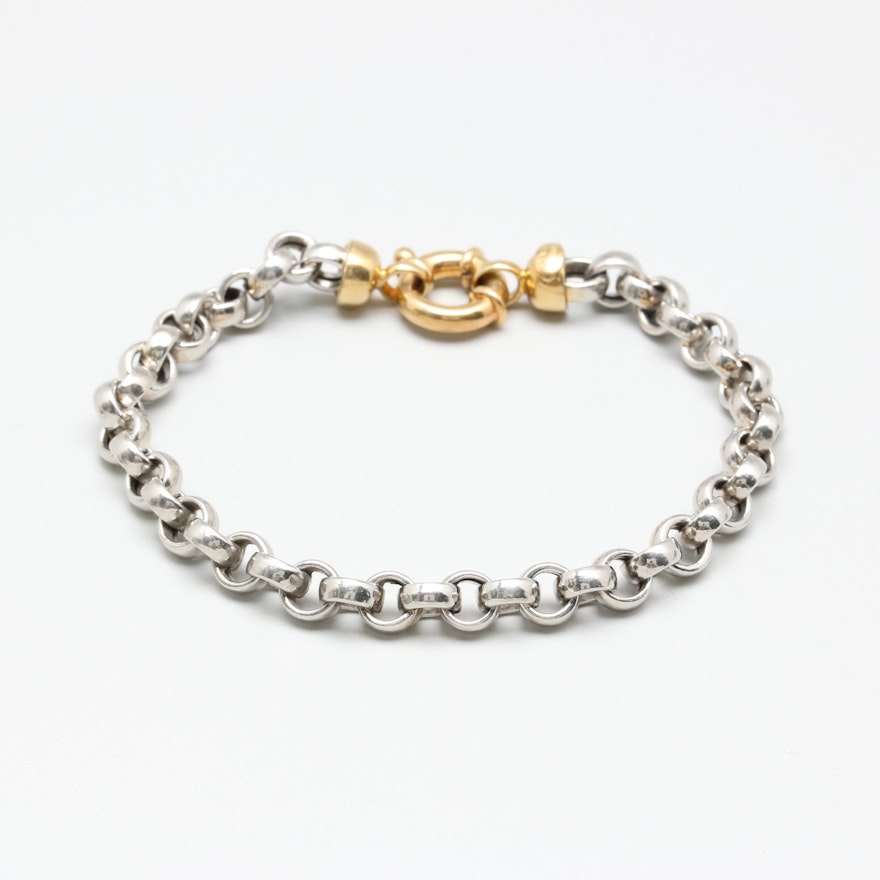 Platinum Rolo Link and 18K Yellow Gold Clasp Bracelet