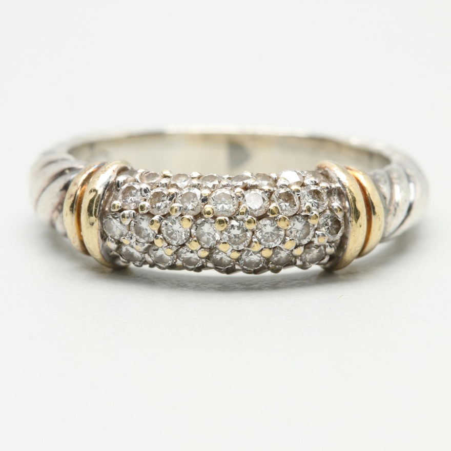 David Yurman Sterling Silver Diamond Ring with 18K Gold Accents