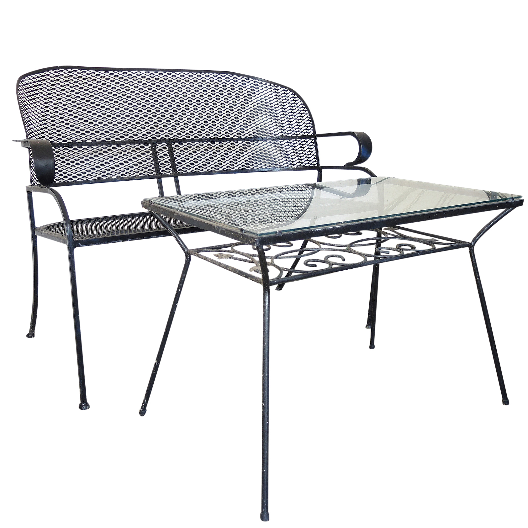 Wrought Iron Patio Loveseat with Cushions and Table | EBTH - Grey Wrought Iron Patio Loveseat With Cushions
