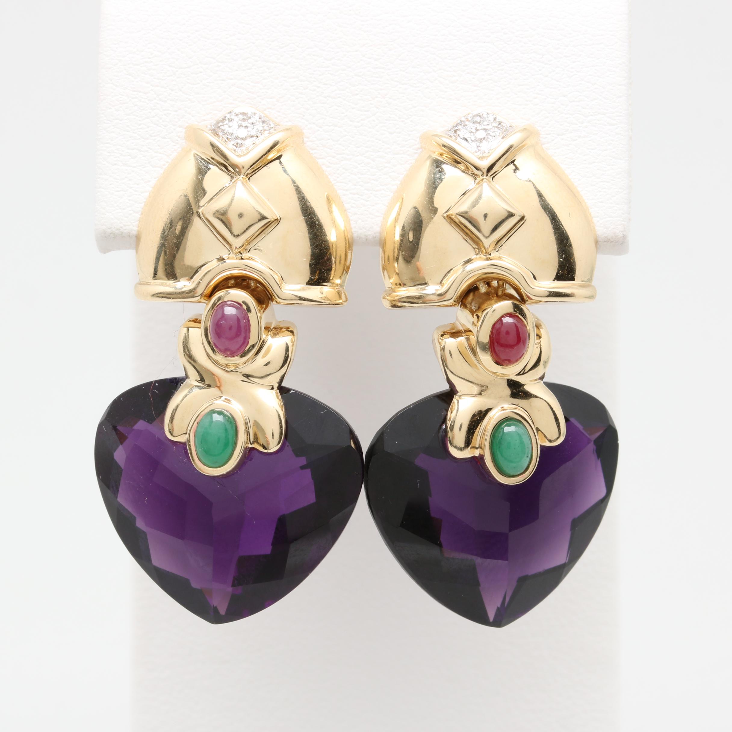 14K Yellow Gold Amethyst, Ruby, Emerald and Diamond Drop Earrings