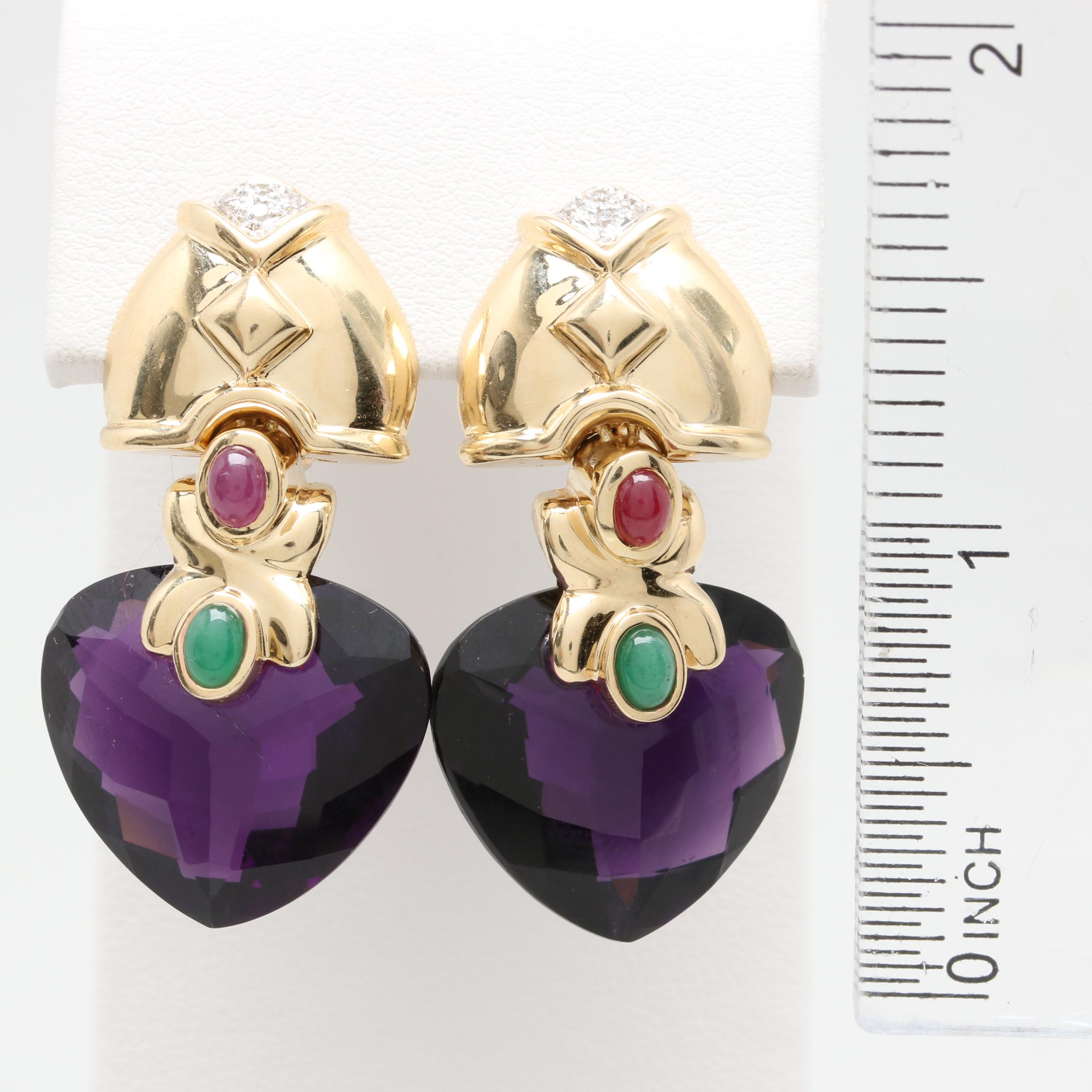 14K Yellow Gold Amethyst, Ruby, Emerald and Diamond Drop Earrings