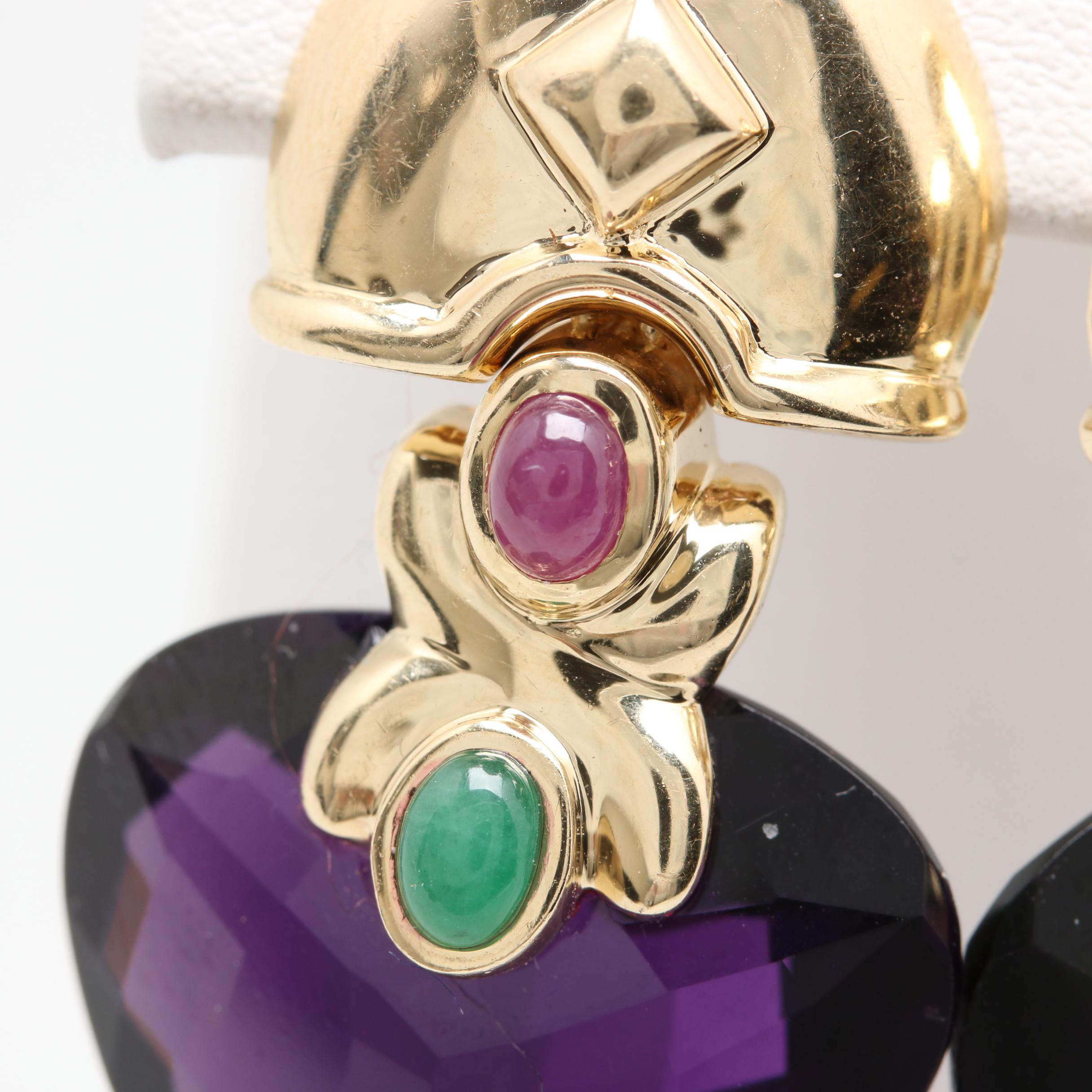 14K Yellow Gold Amethyst, Ruby, Emerald and Diamond Drop Earrings