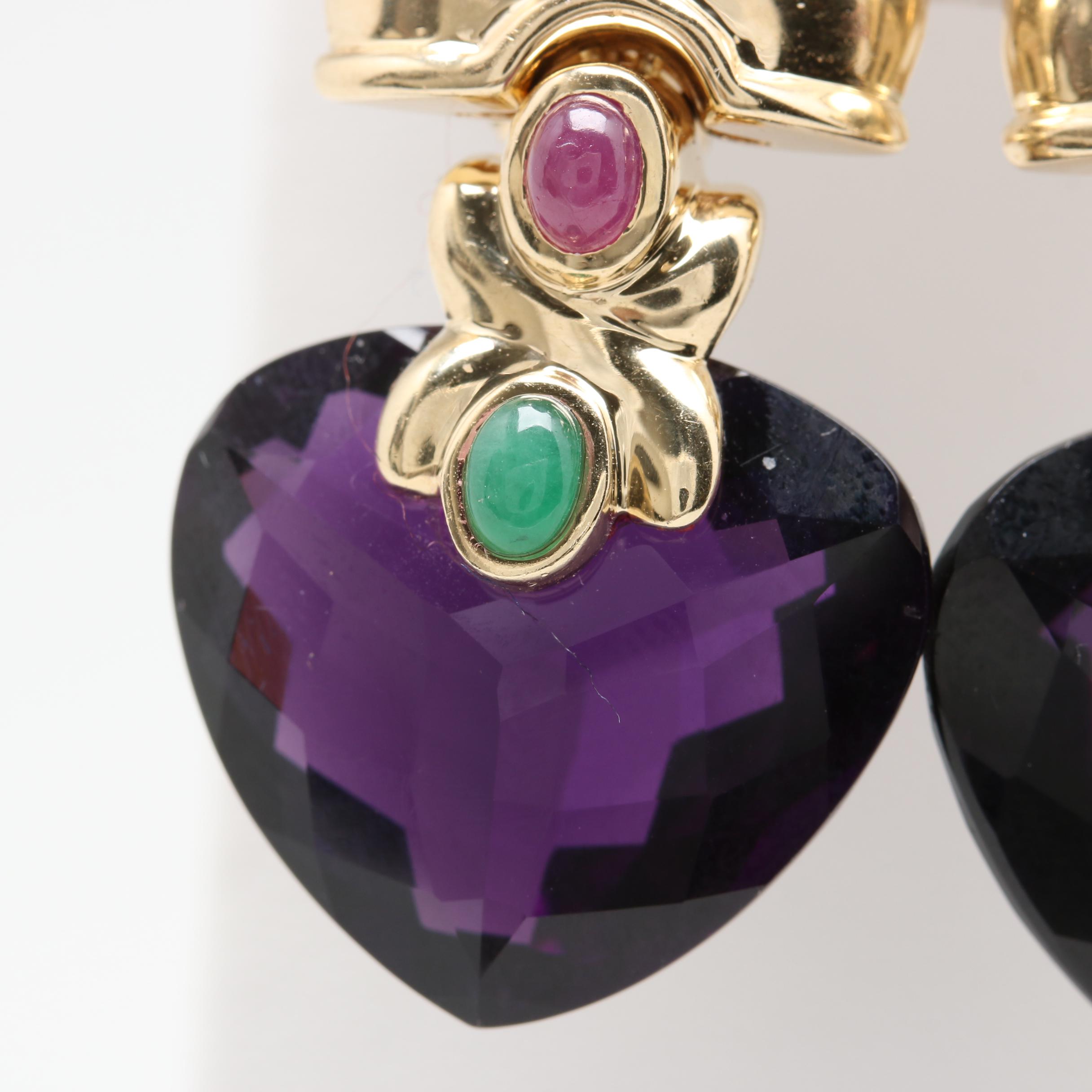 14K Yellow Gold Amethyst, Ruby, Emerald and Diamond Drop Earrings