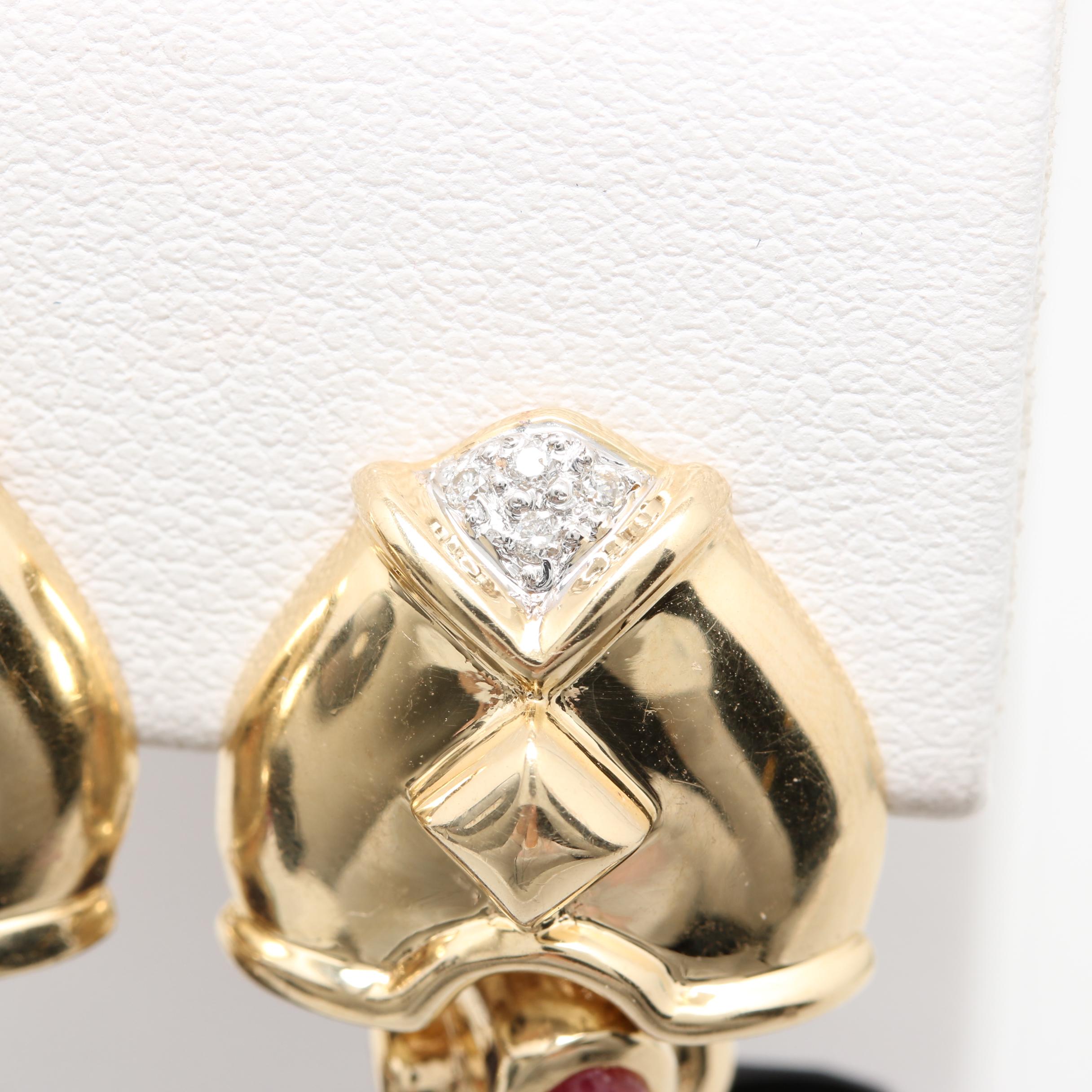 14K Yellow Gold Amethyst, Ruby, Emerald and Diamond Drop Earrings