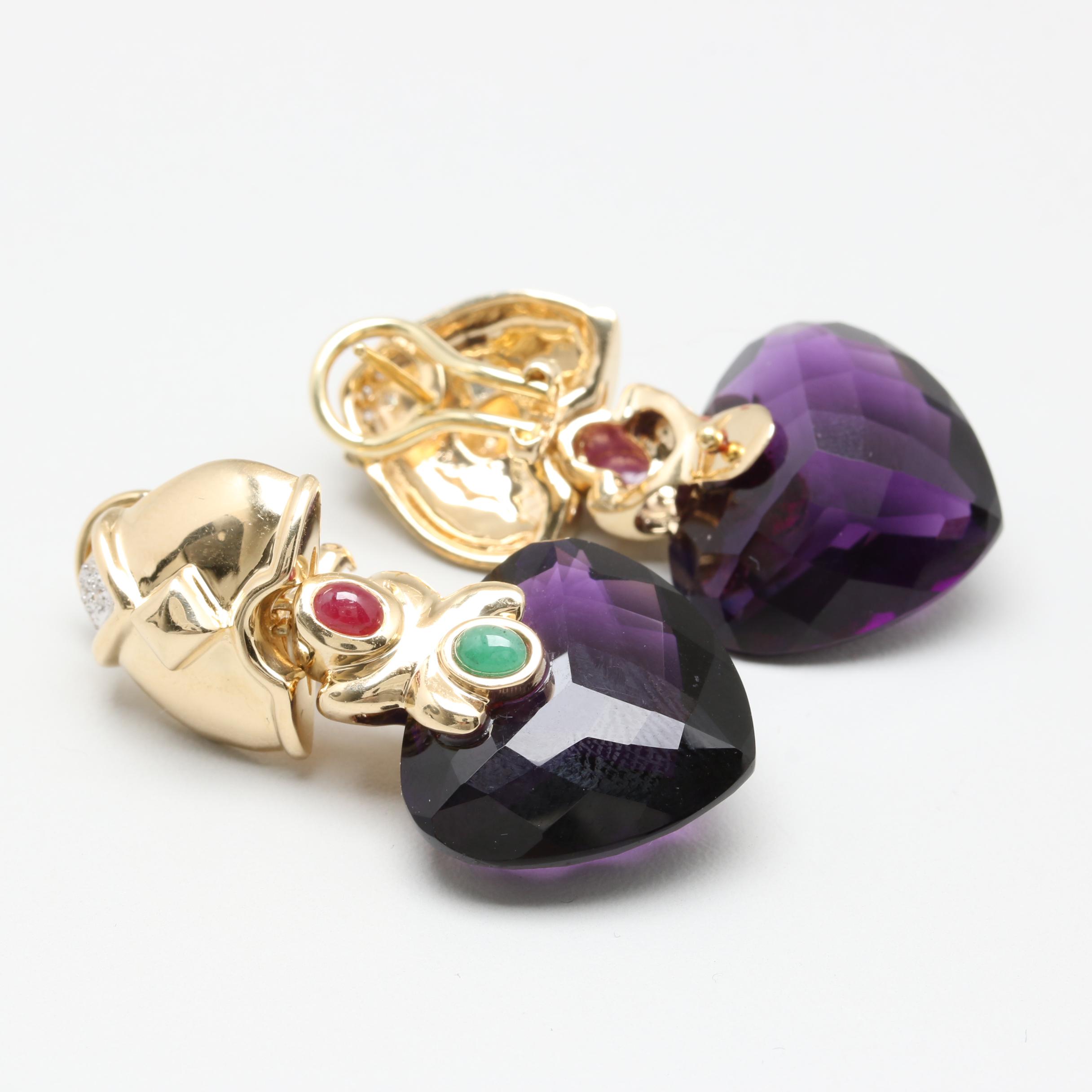 14K Yellow Gold Amethyst, Ruby, Emerald and Diamond Drop Earrings