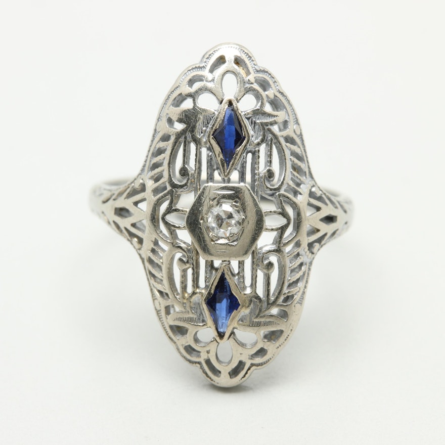 14K White Gold Diamond and Synthetic Sapphire Ring