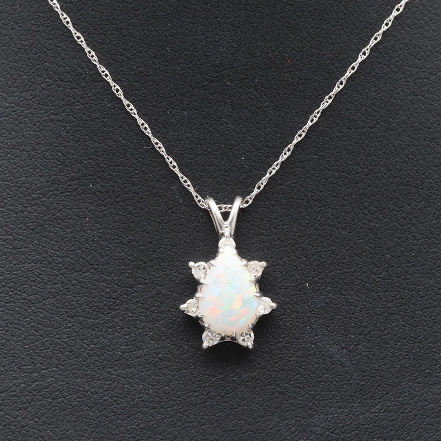 10K and 14K White Gold Opal and Diamond Pendant Necklace