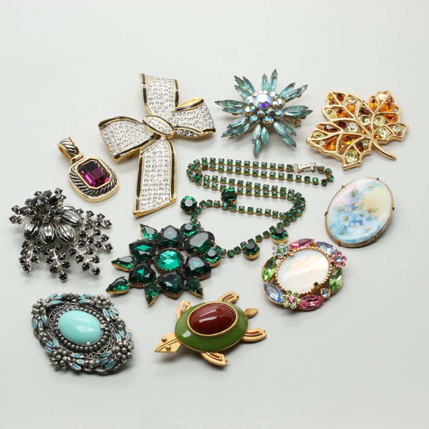 Vintage Brooch and Necklace Assortment with Foilback and Enamel