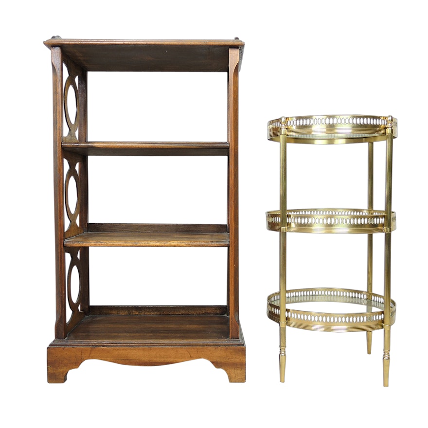 Walnut Bookcase and Pierced Brass and Glass Accent Table