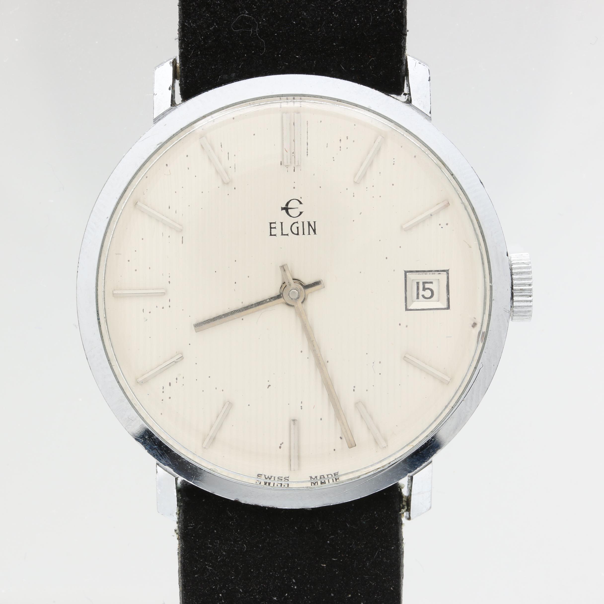 Elgin Silver Tone and Leather Stem Wind Watch
