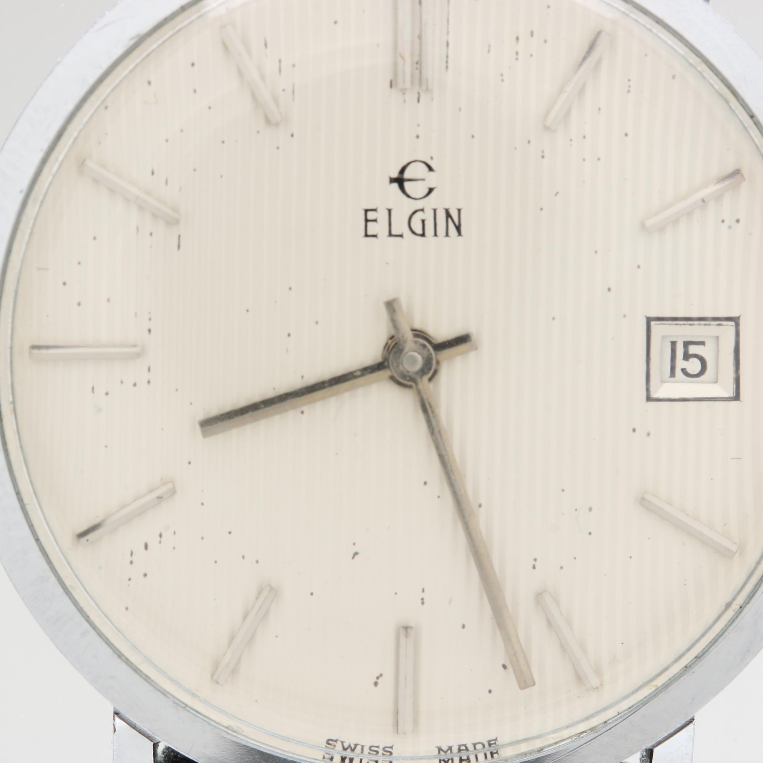 Elgin Silver Tone and Leather Stem Wind Watch