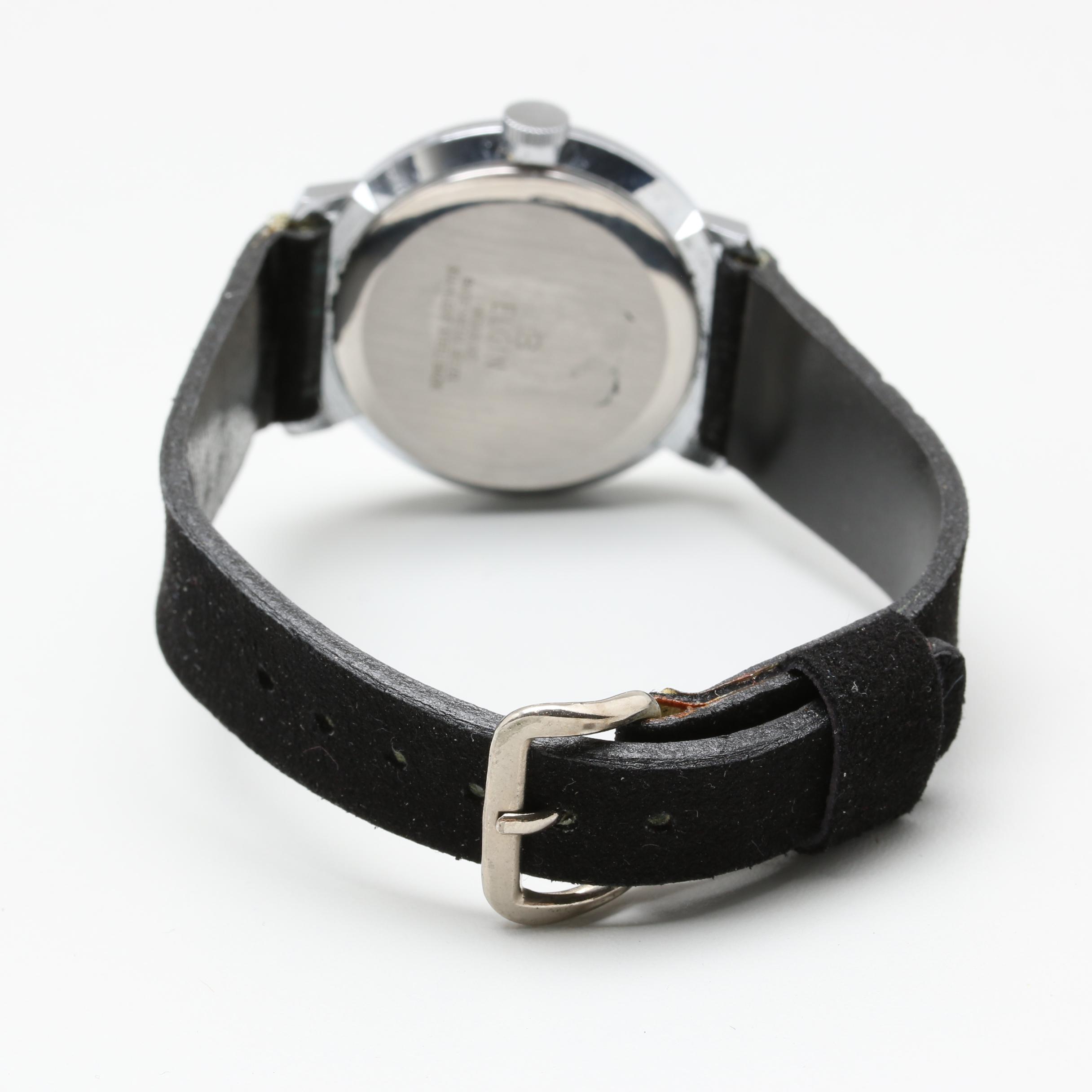 Elgin Silver Tone and Leather Stem Wind Watch