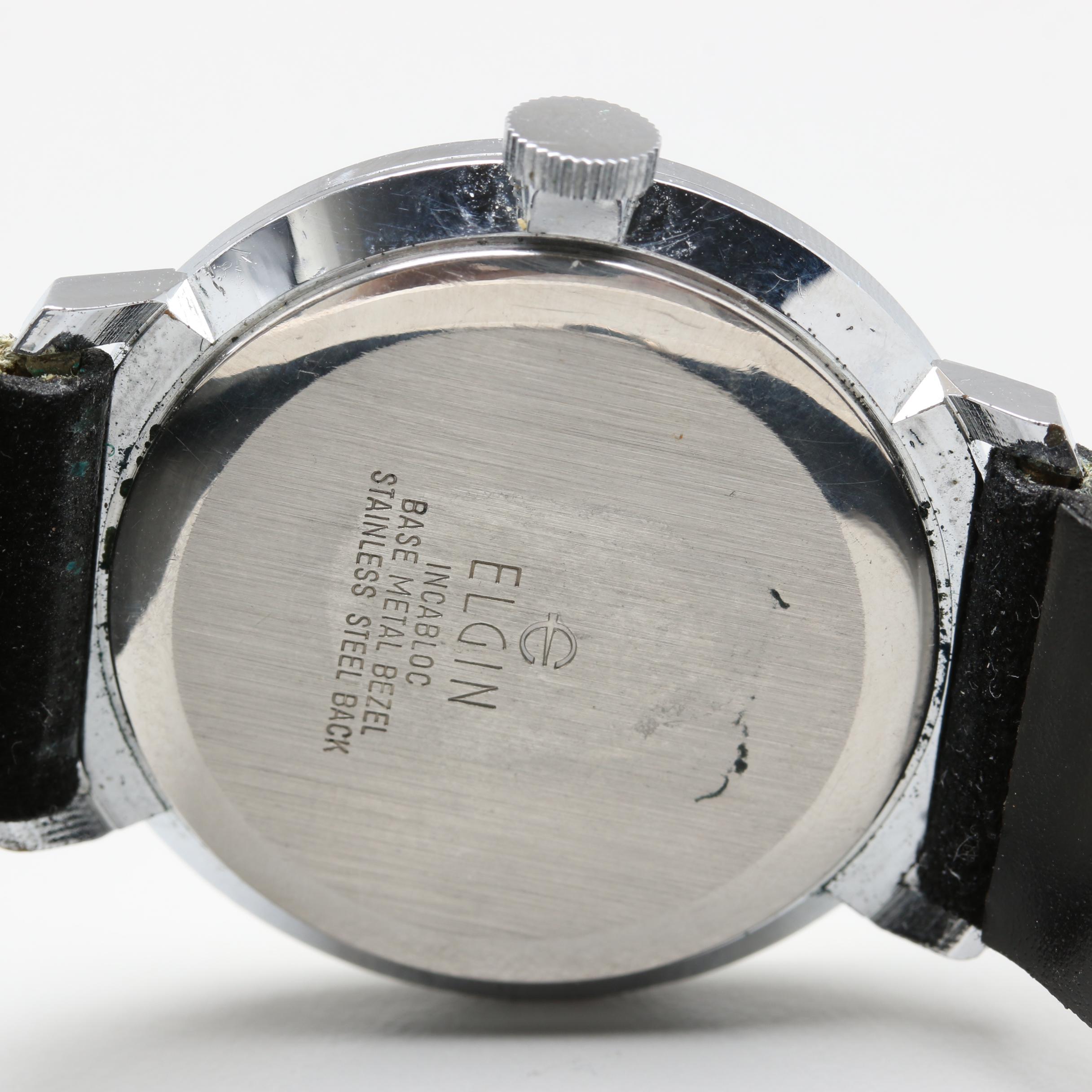 Elgin Silver Tone and Leather Stem Wind Watch