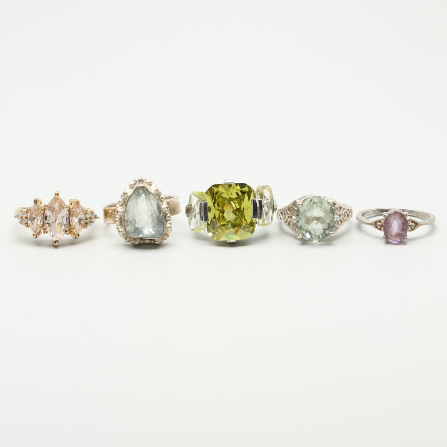 Sterling Silver Ring Assortment with Praseolite, Amethyst, and Cubic Zirconia