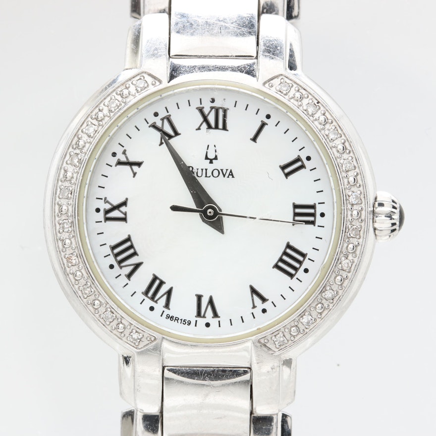 Bulova Stainless Steel Diamond and Mother of Pearl Wristwatch