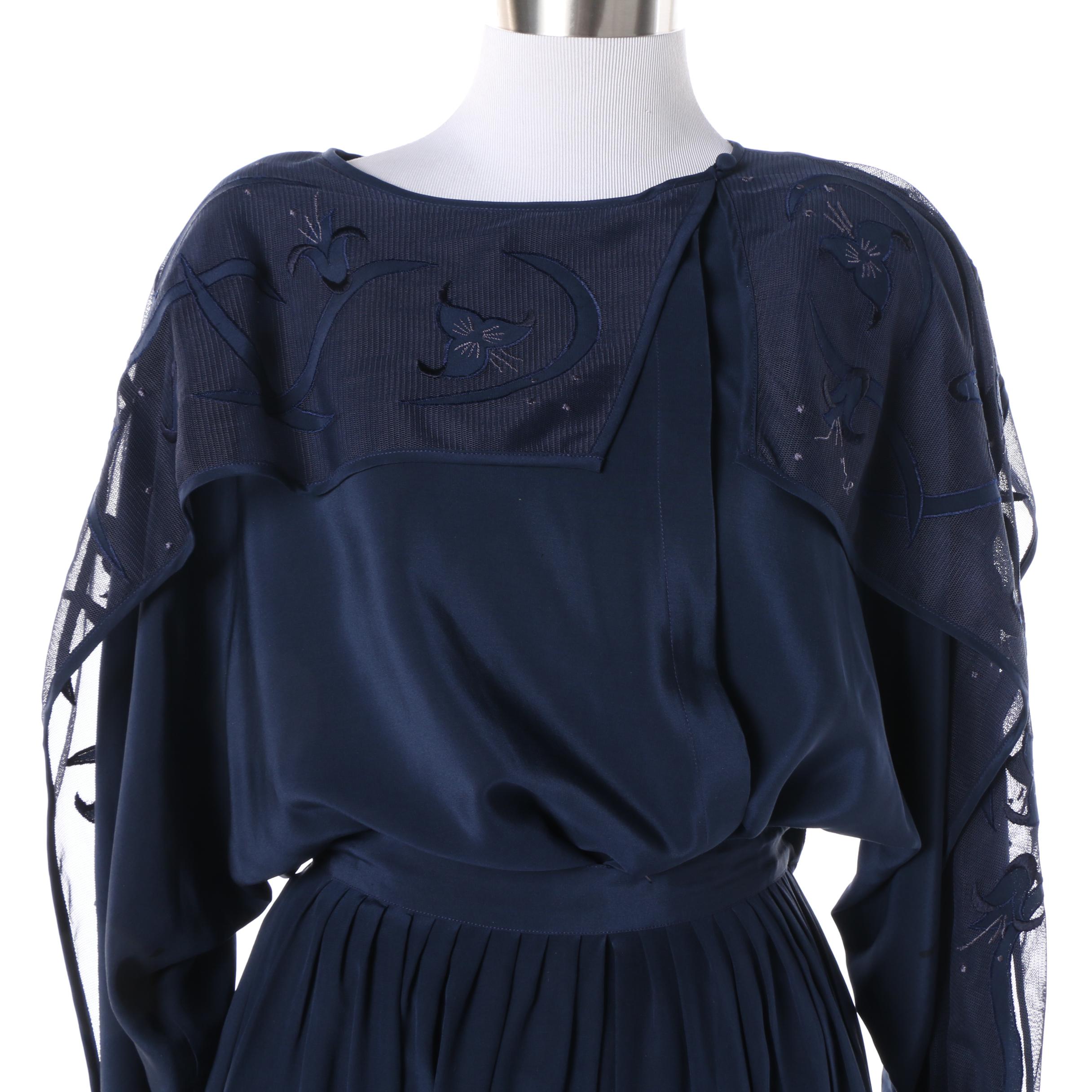 Women's 1980s Mercedes & Adrienne Navy Blue Silk Blouse and Skirt Set