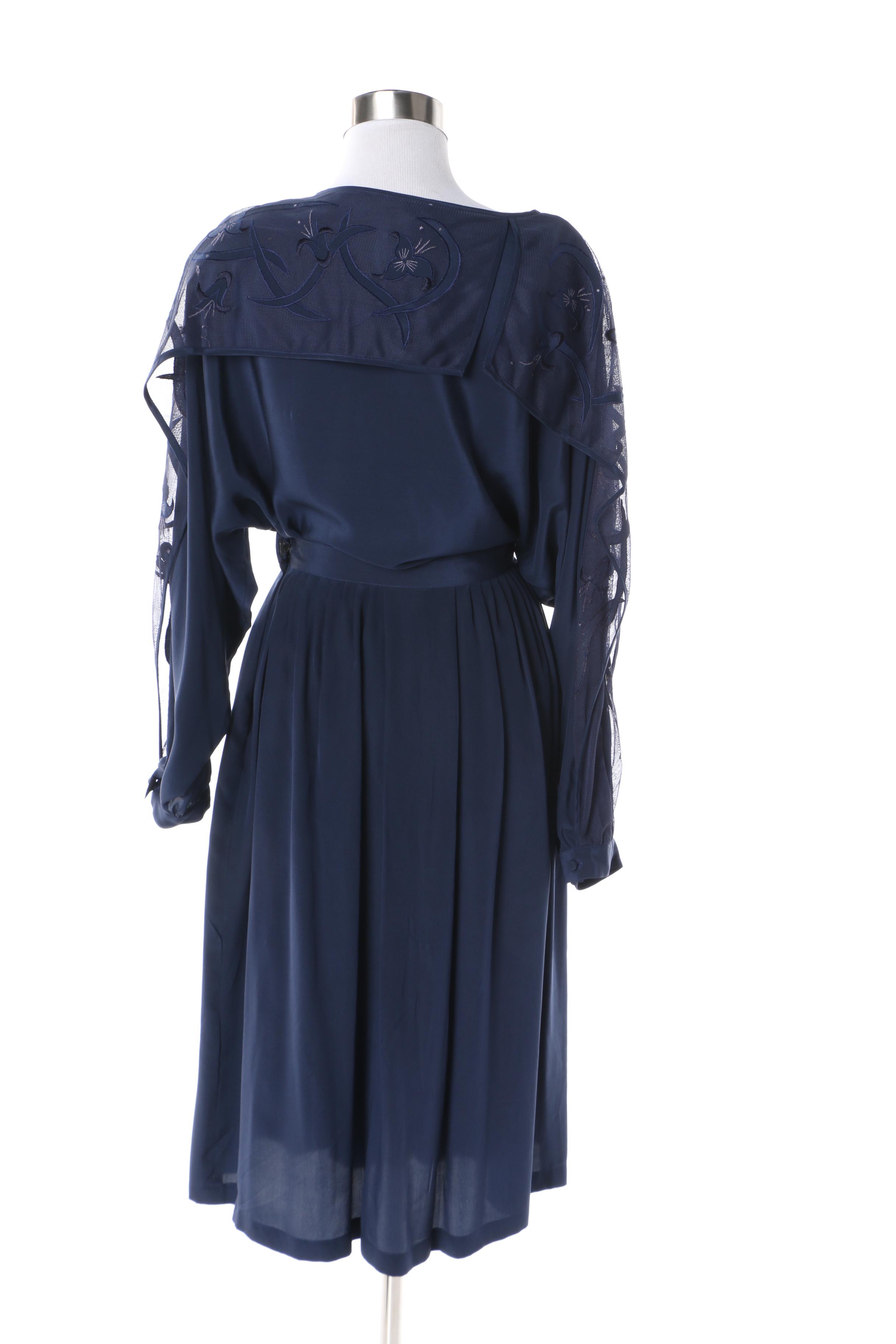 Women's 1980s Mercedes & Adrienne Navy Blue Silk Blouse and Skirt Set