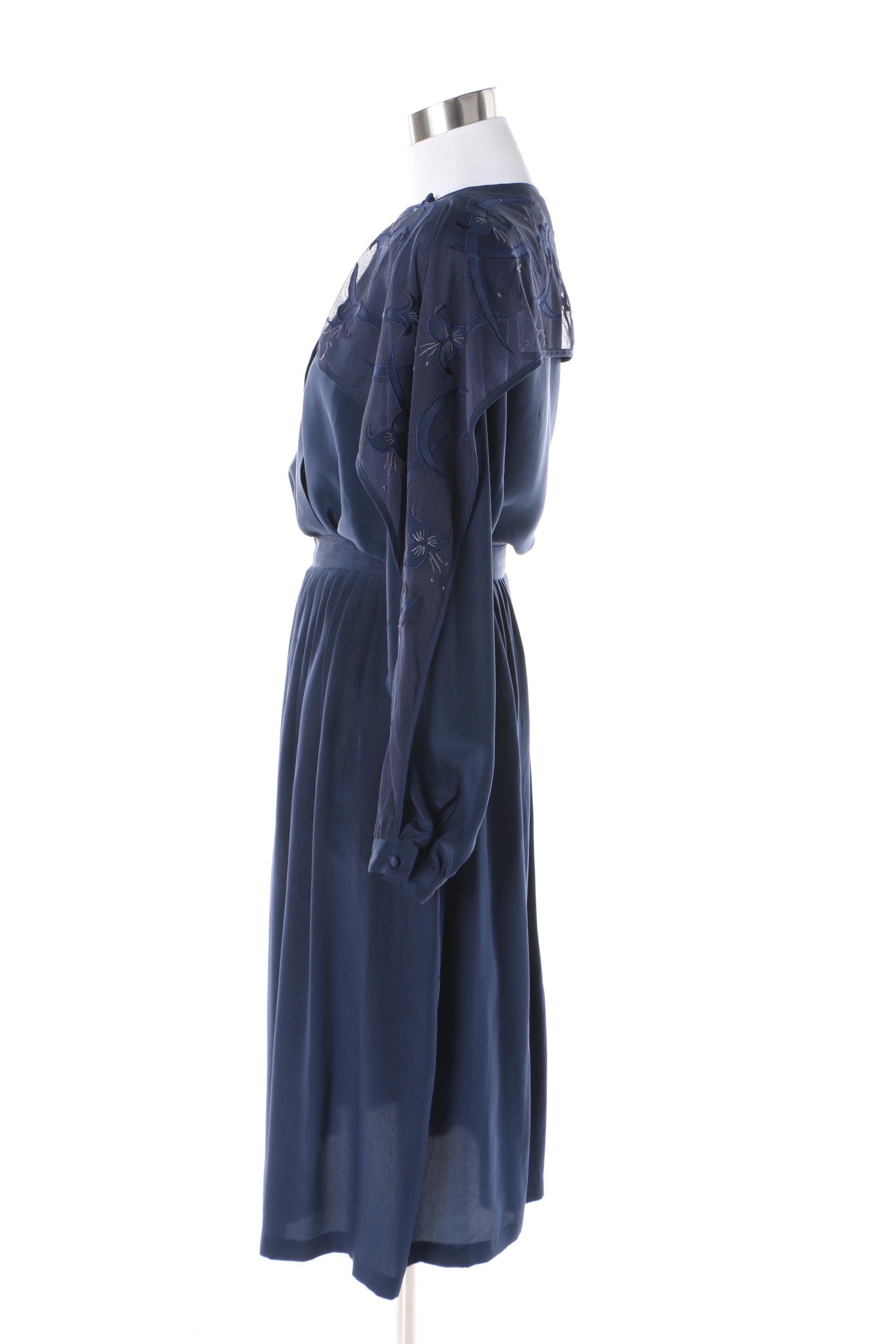 Women's 1980s Mercedes & Adrienne Navy Blue Silk Blouse and Skirt Set