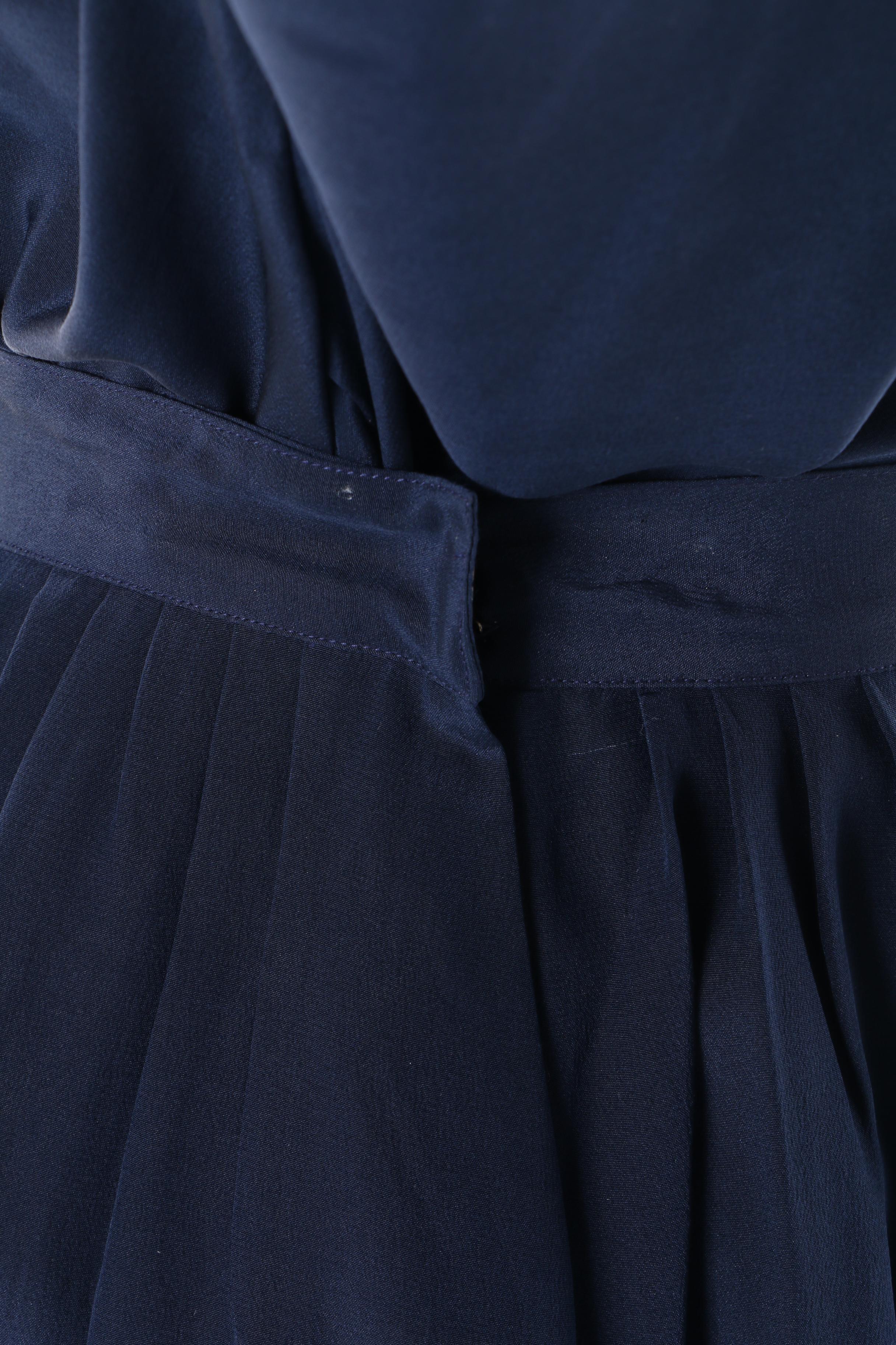 Women's 1980s Mercedes & Adrienne Navy Blue Silk Blouse and Skirt Set