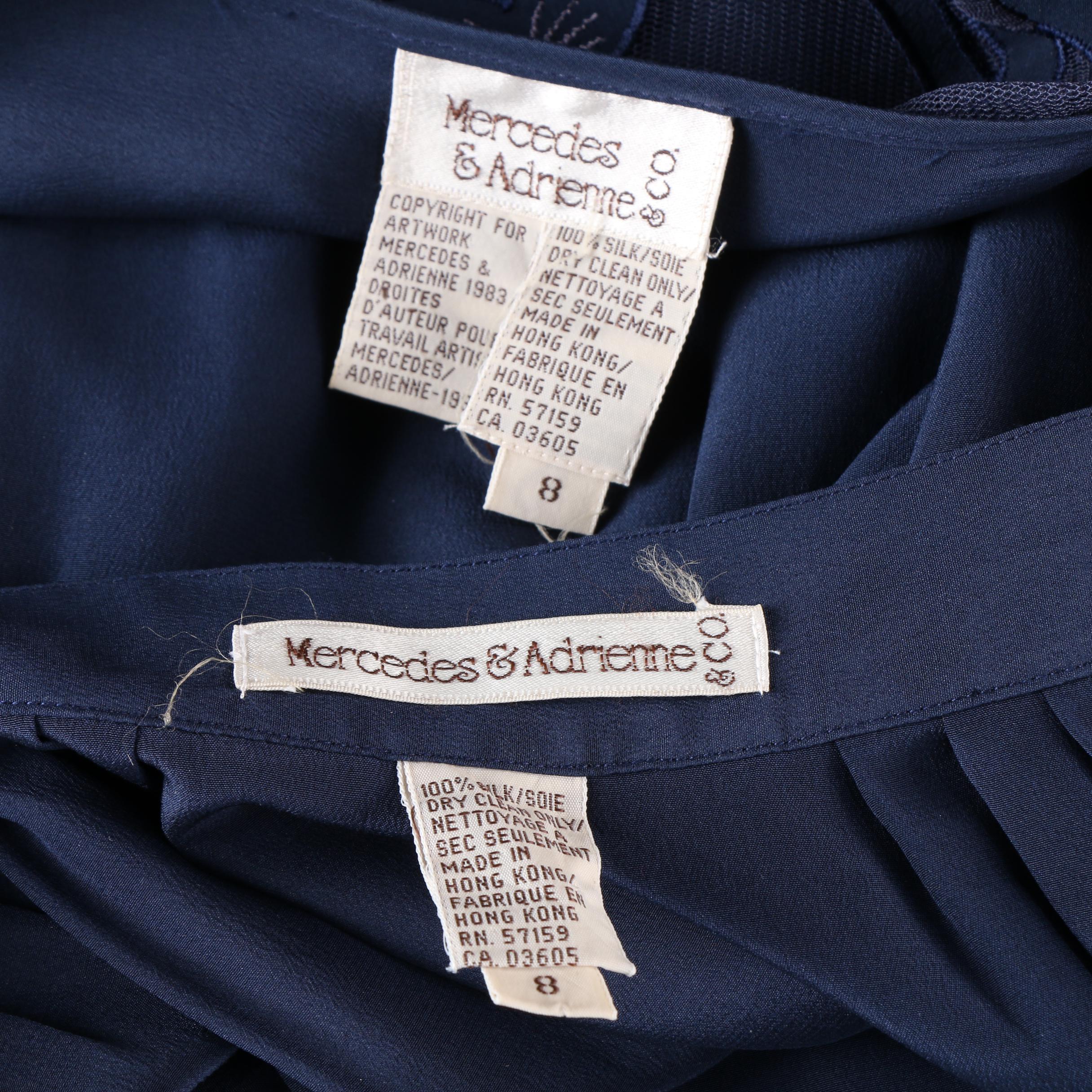 Women's 1980s Mercedes & Adrienne Navy Blue Silk Blouse and Skirt Set