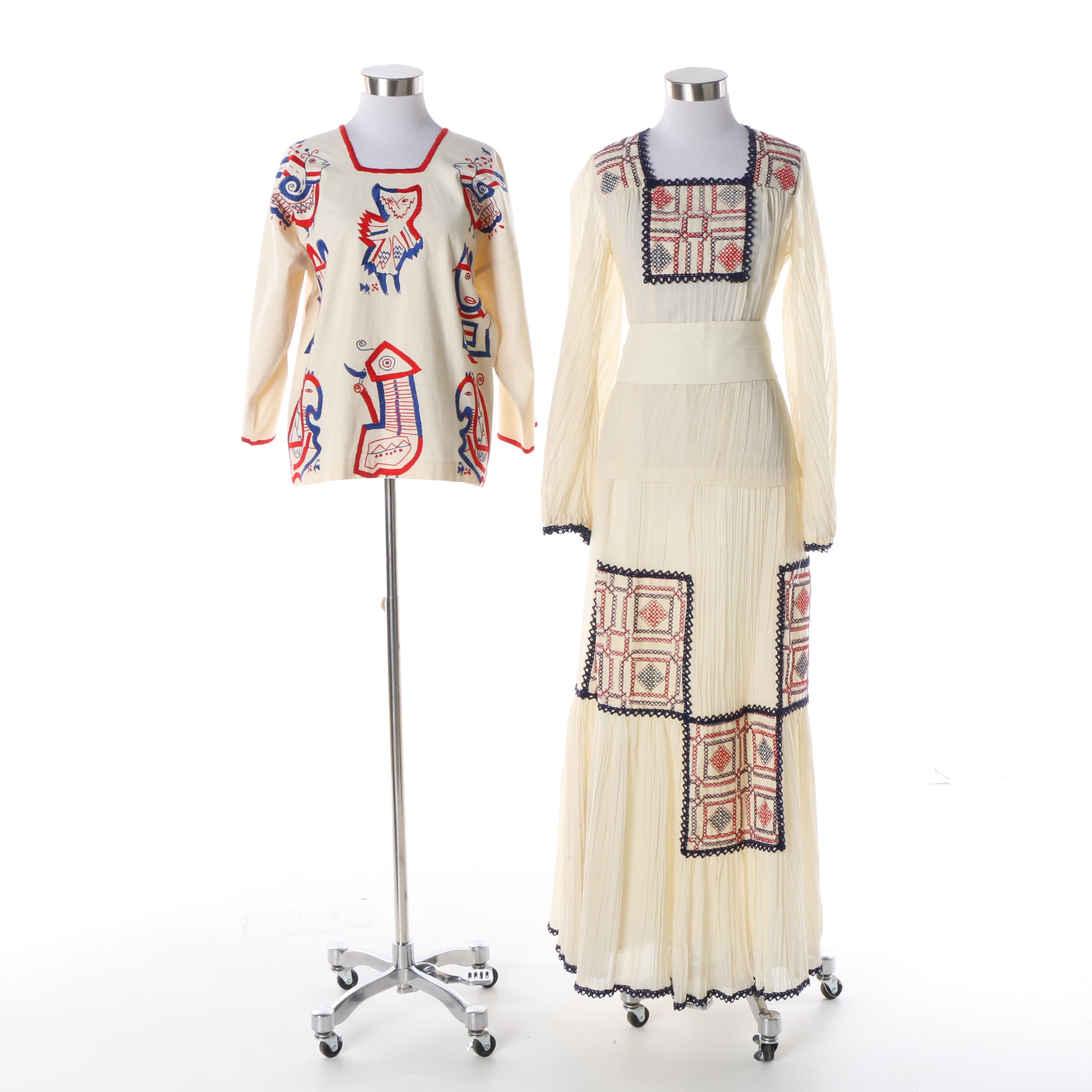 1980s Chessa Davis Sheer Embroidered Ensemble and Central American Blouse
