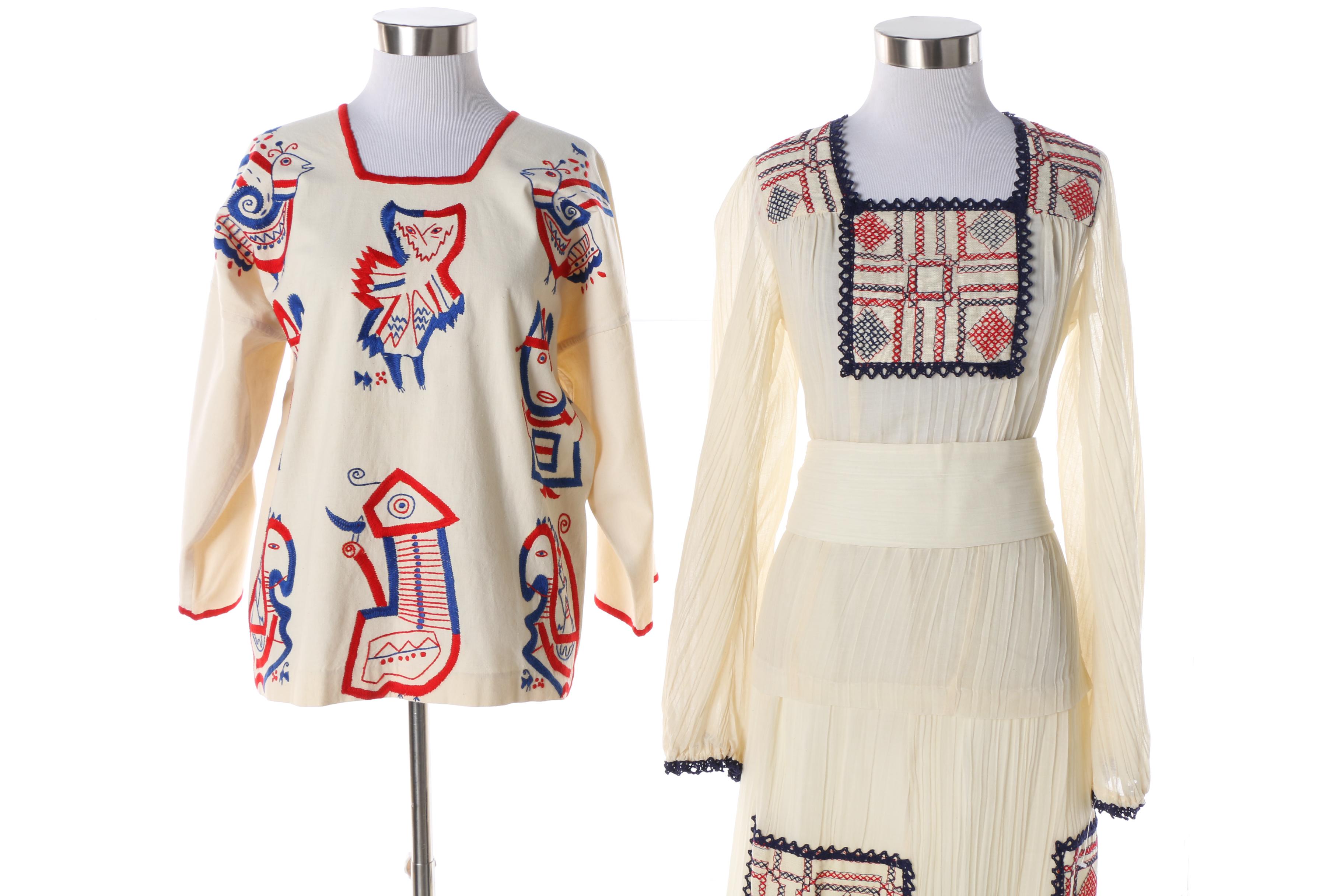 1980s Chessa Davis Sheer Embroidered Ensemble and Central American Blouse