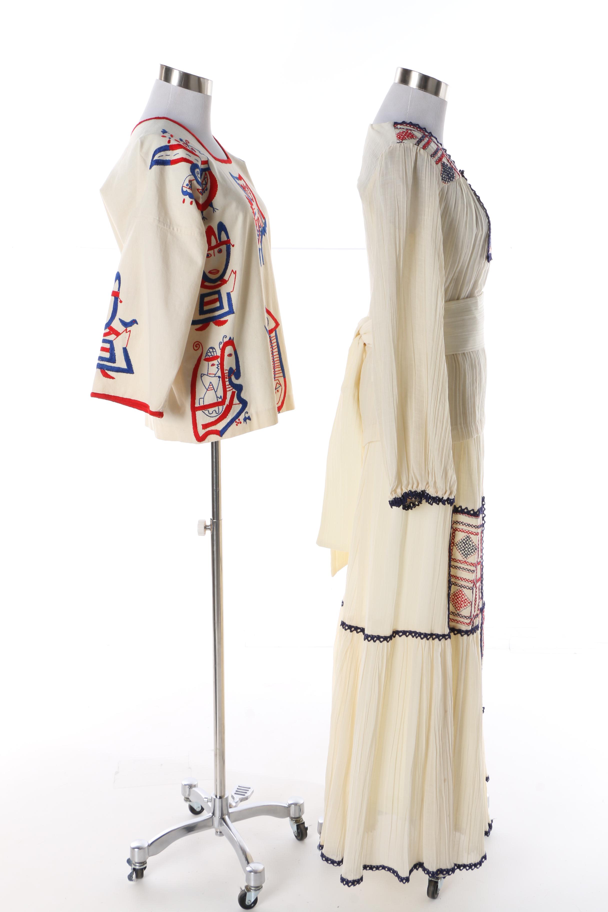 1980s Chessa Davis Sheer Embroidered Ensemble and Central American Blouse