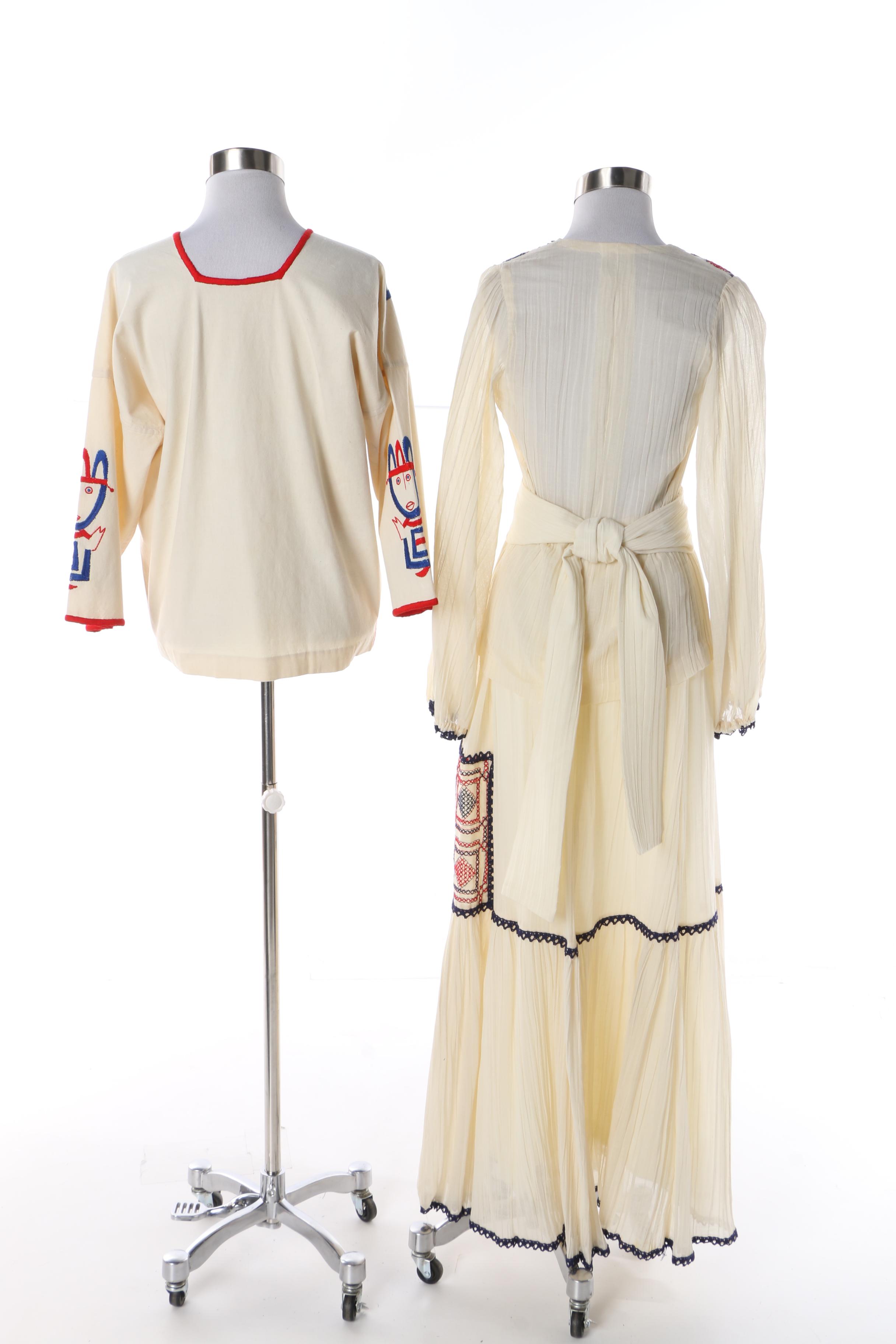 1980s Chessa Davis Sheer Embroidered Ensemble and Central American Blouse