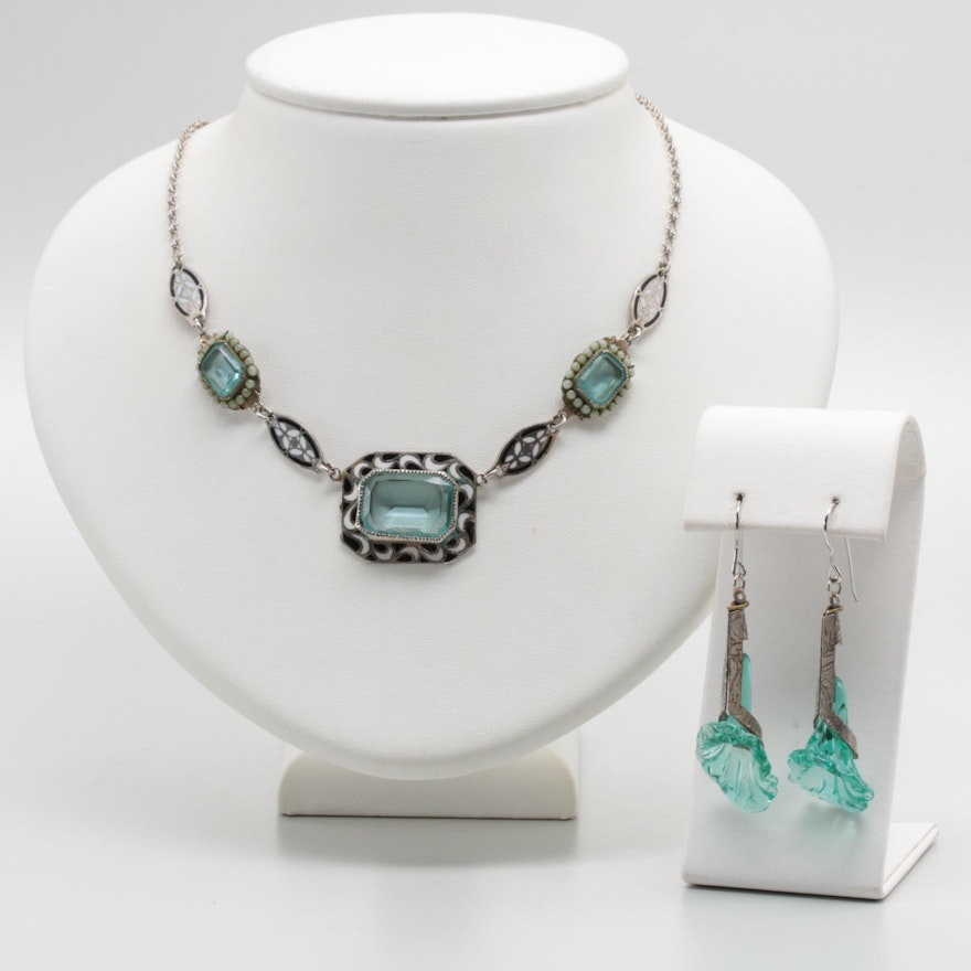 Art Deco Silver Tone Glass and Enamel Necklace and Earrings