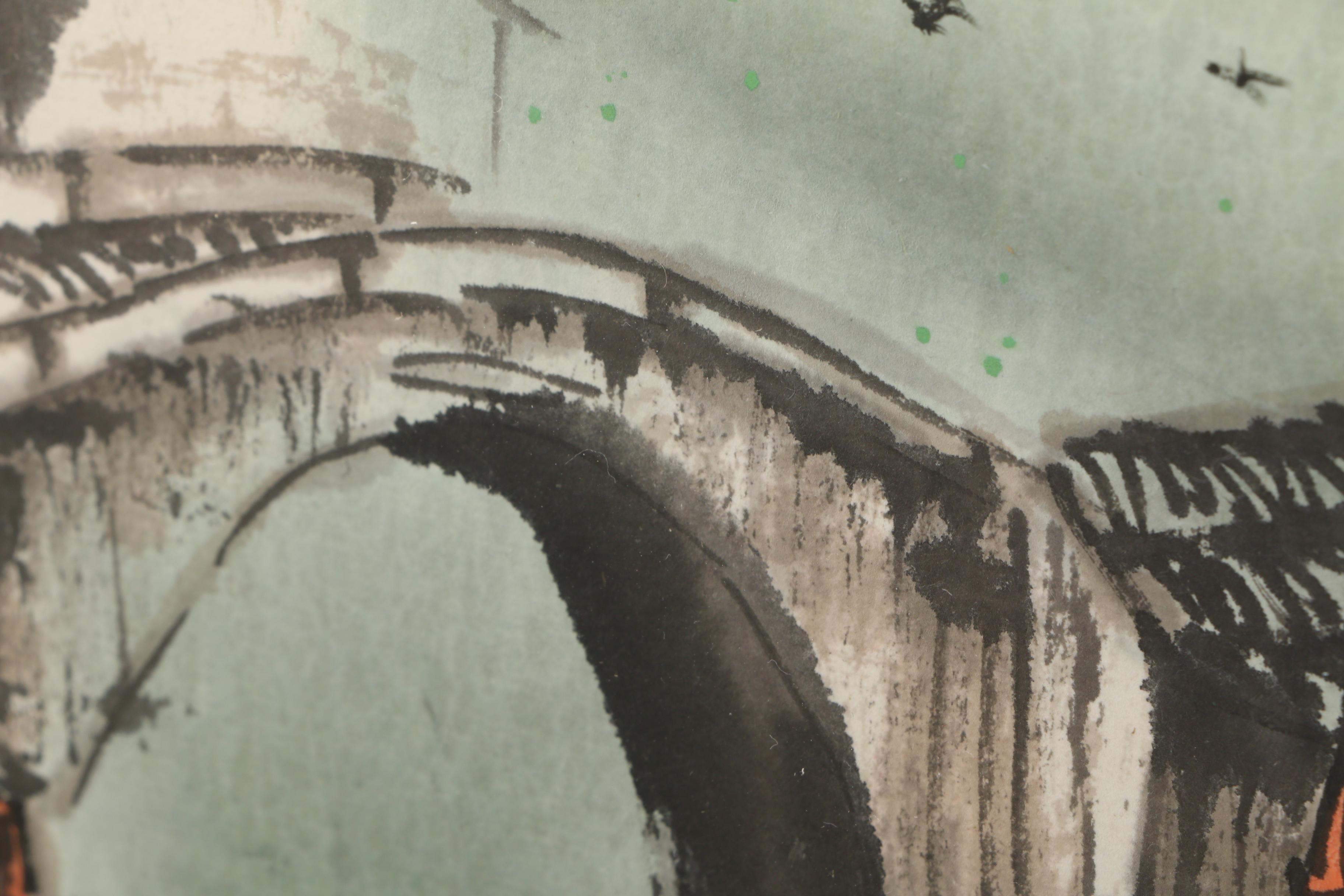 Karl J. Feng Watercolor Painting of a Waterfront