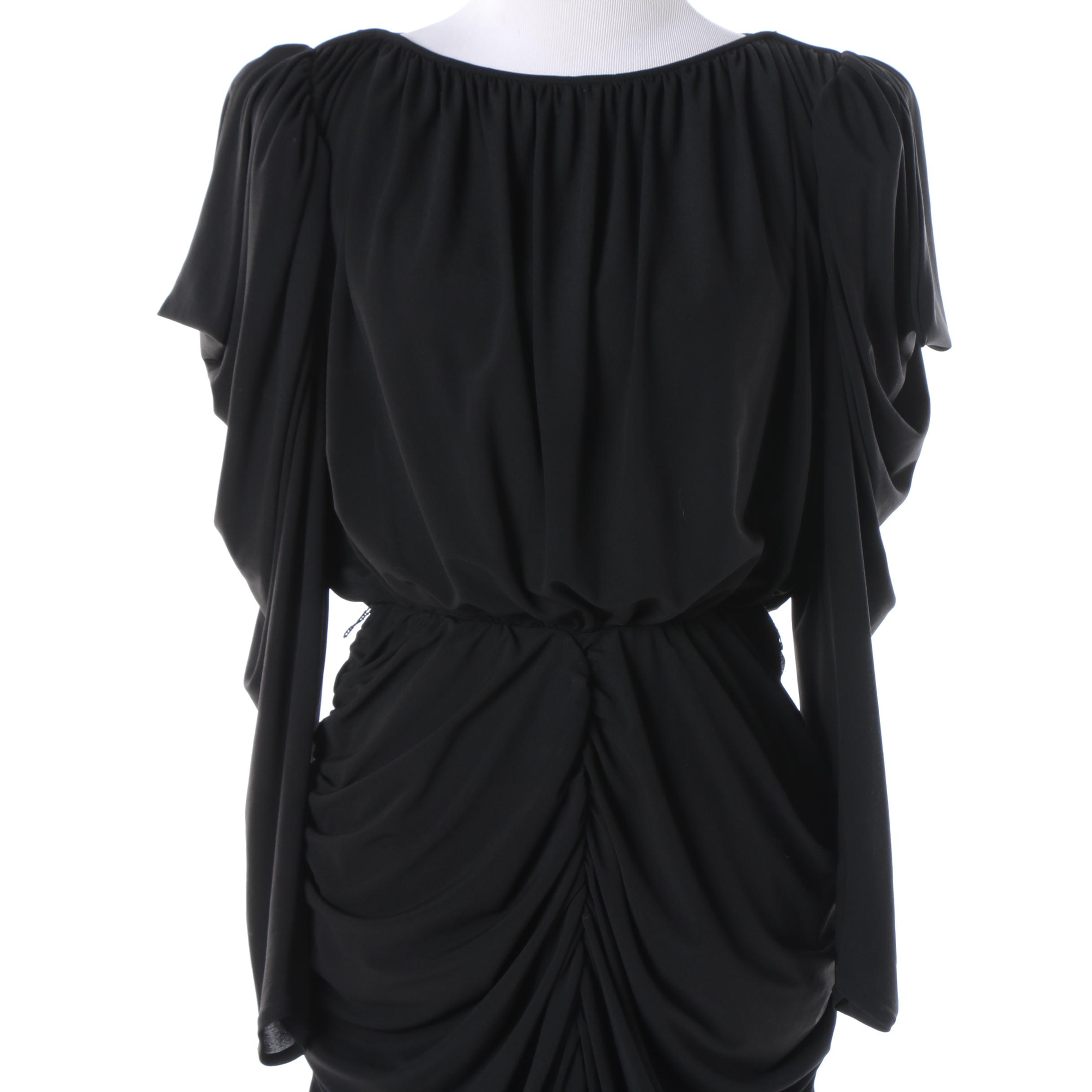 Circa 1970s Miss Magnin at I. Magnin Semi-Sheer Black Ruched Evening Dress