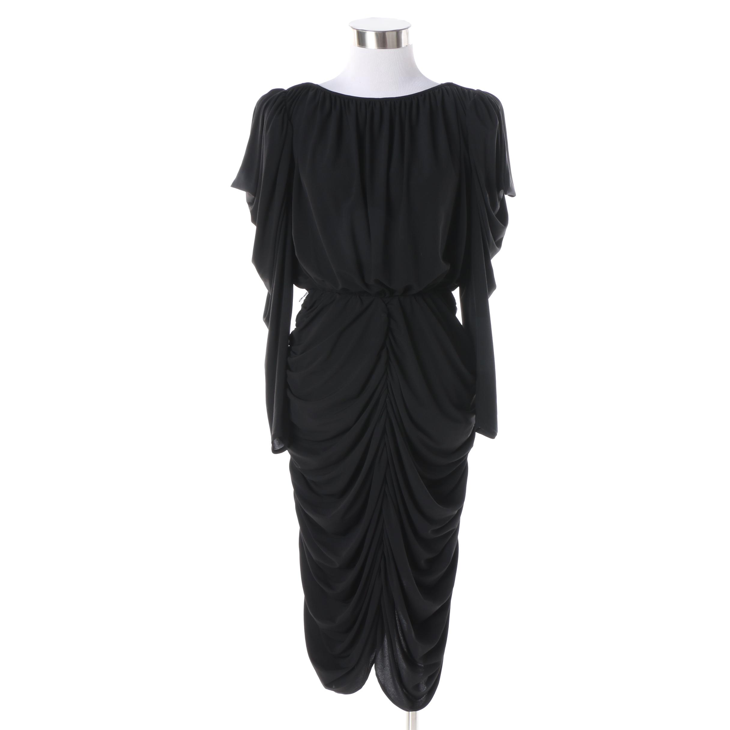 Circa 1970s Miss Magnin at I. Magnin Semi-Sheer Black Ruched Evening Dress