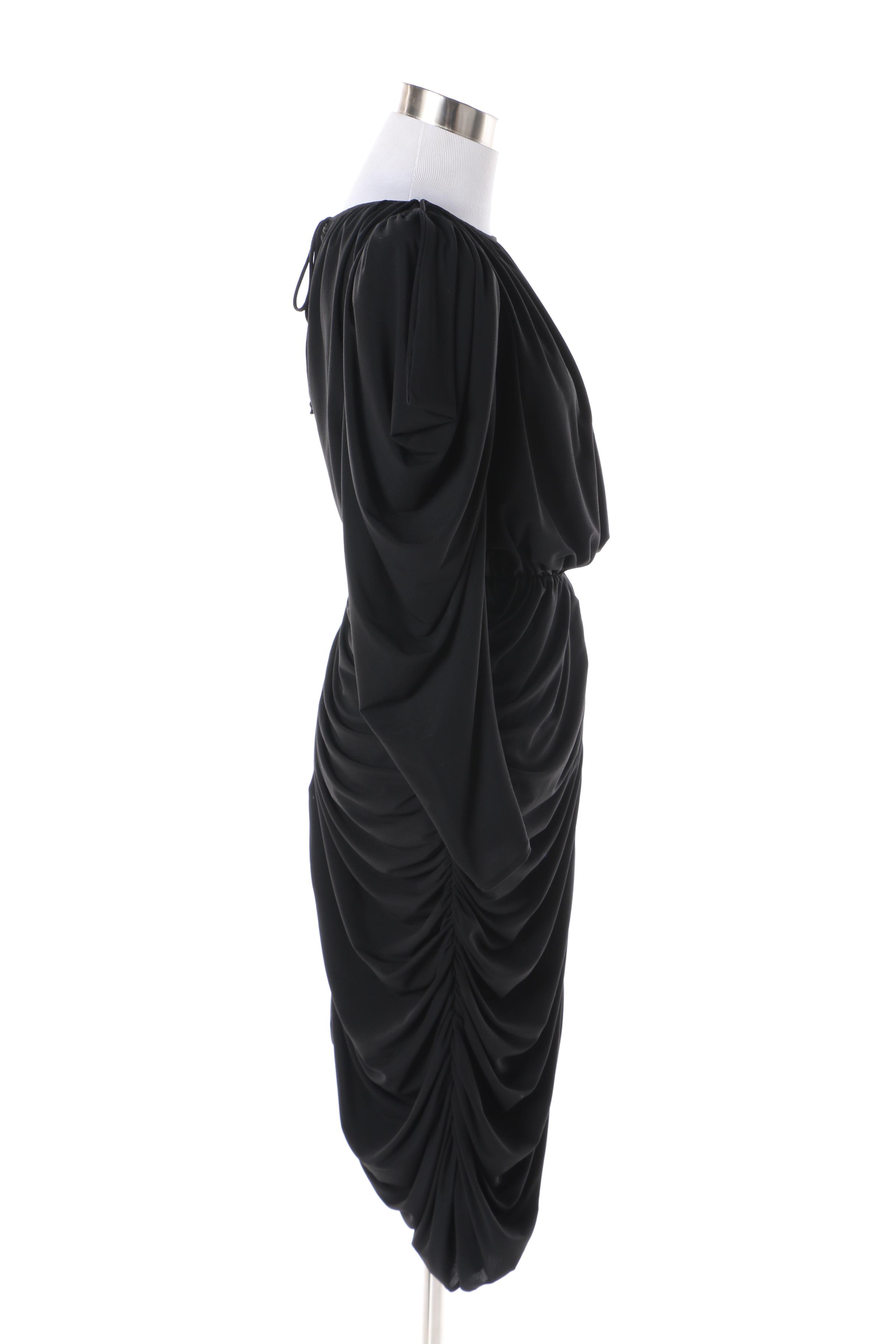 Circa 1970s Miss Magnin at I. Magnin Semi-Sheer Black Ruched Evening Dress