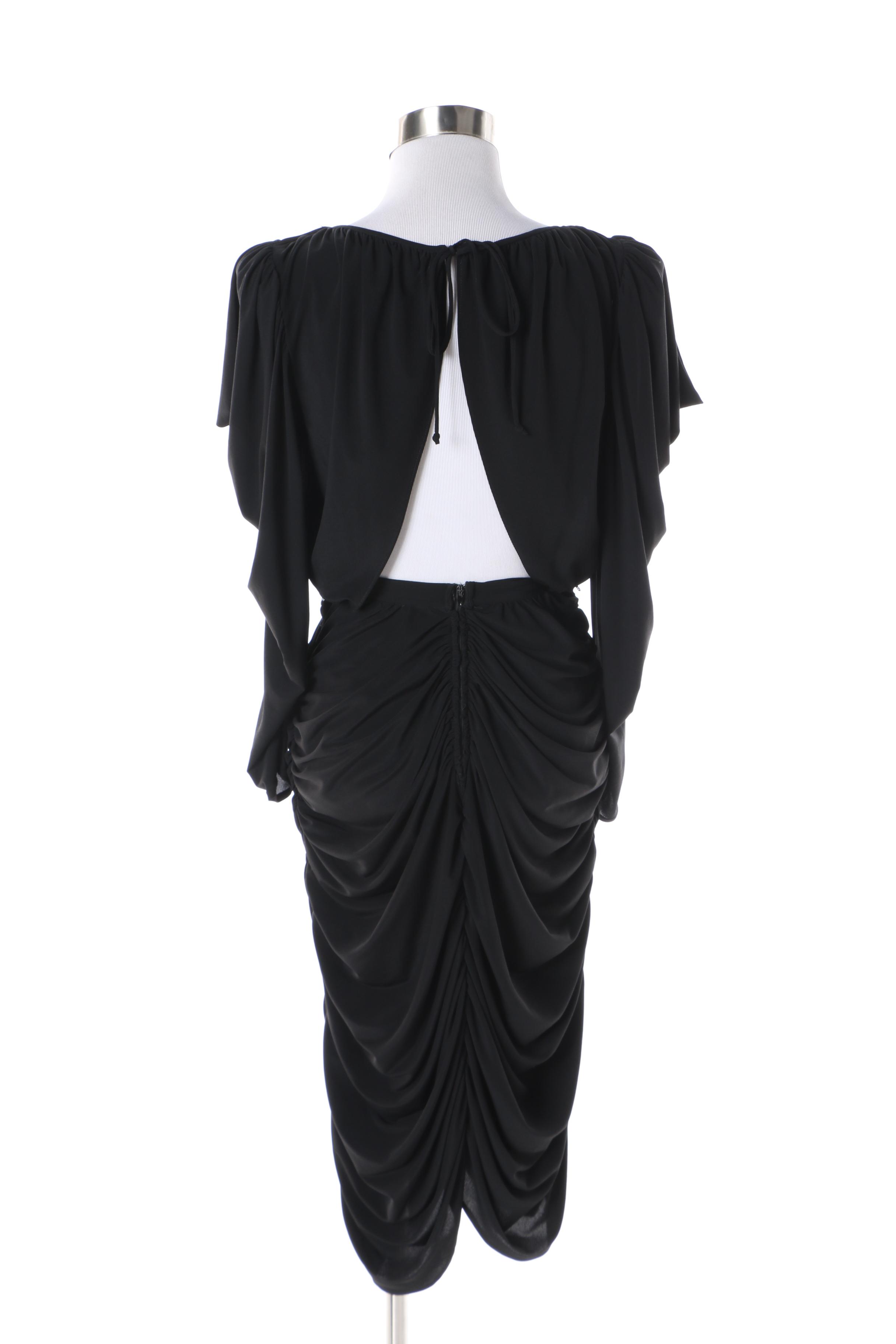 Circa 1970s Miss Magnin at I. Magnin Semi-Sheer Black Ruched Evening Dress